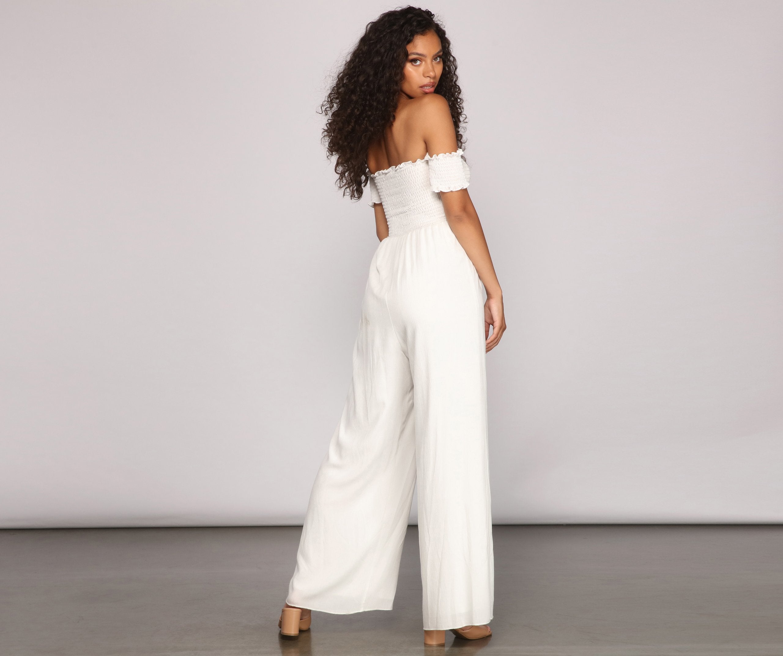 Vacay Bound Off The Shoulder Smocked Jumpsuit - Lady Occasions