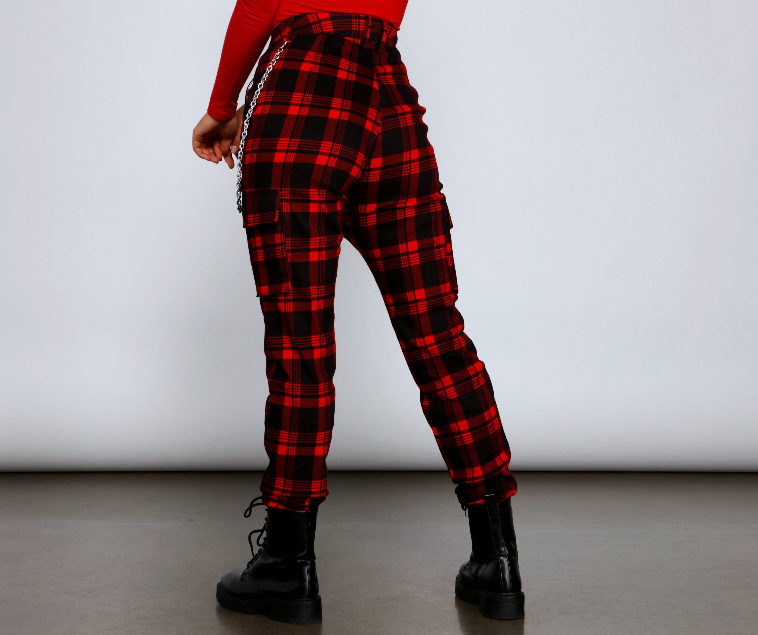 High Waist Plaid Joggers With Chain - Lady Occasions