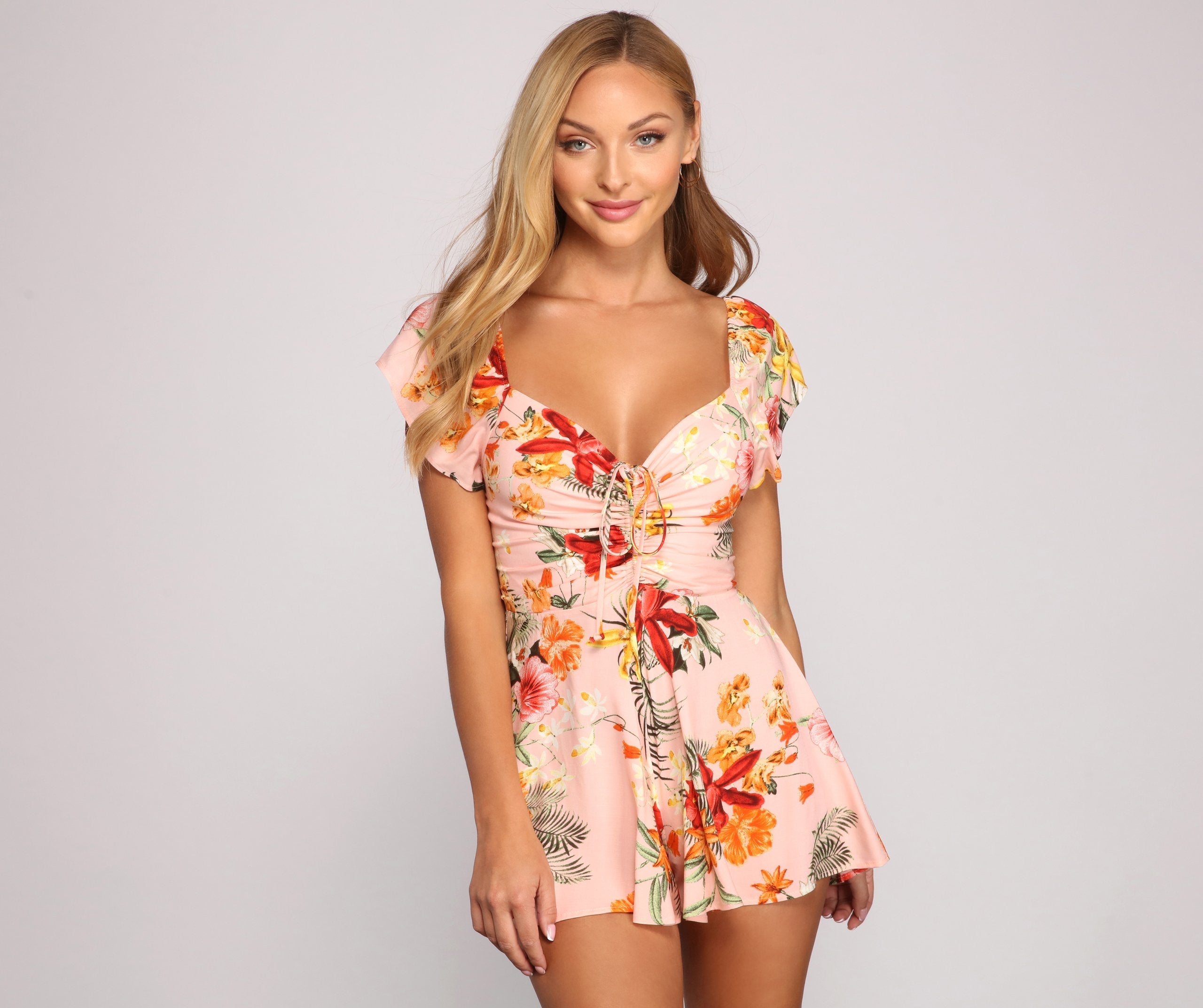 Island Bound Ruched Tropical Romper - Lady Occasions