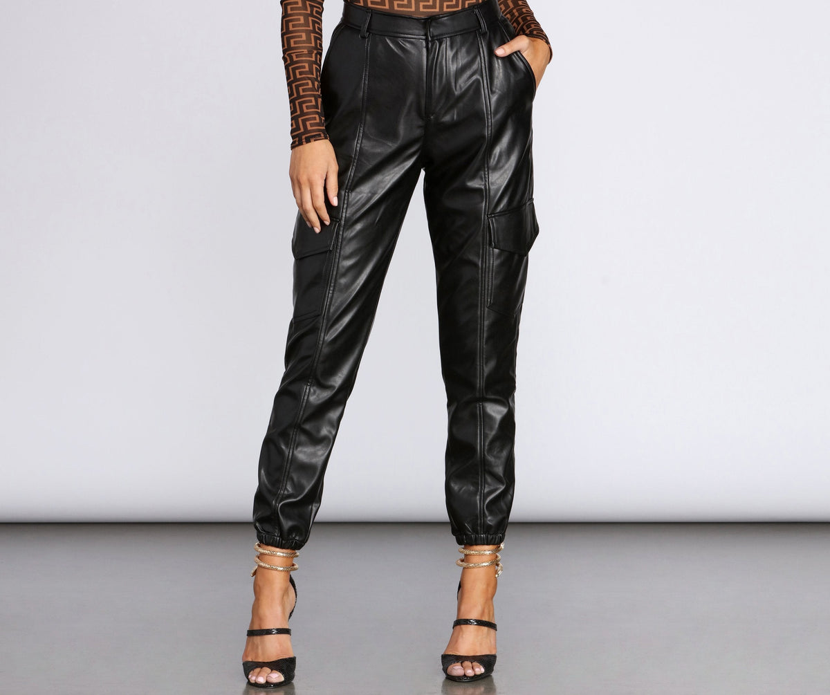Faux Leather Cargo Joggers - Lady Occasions