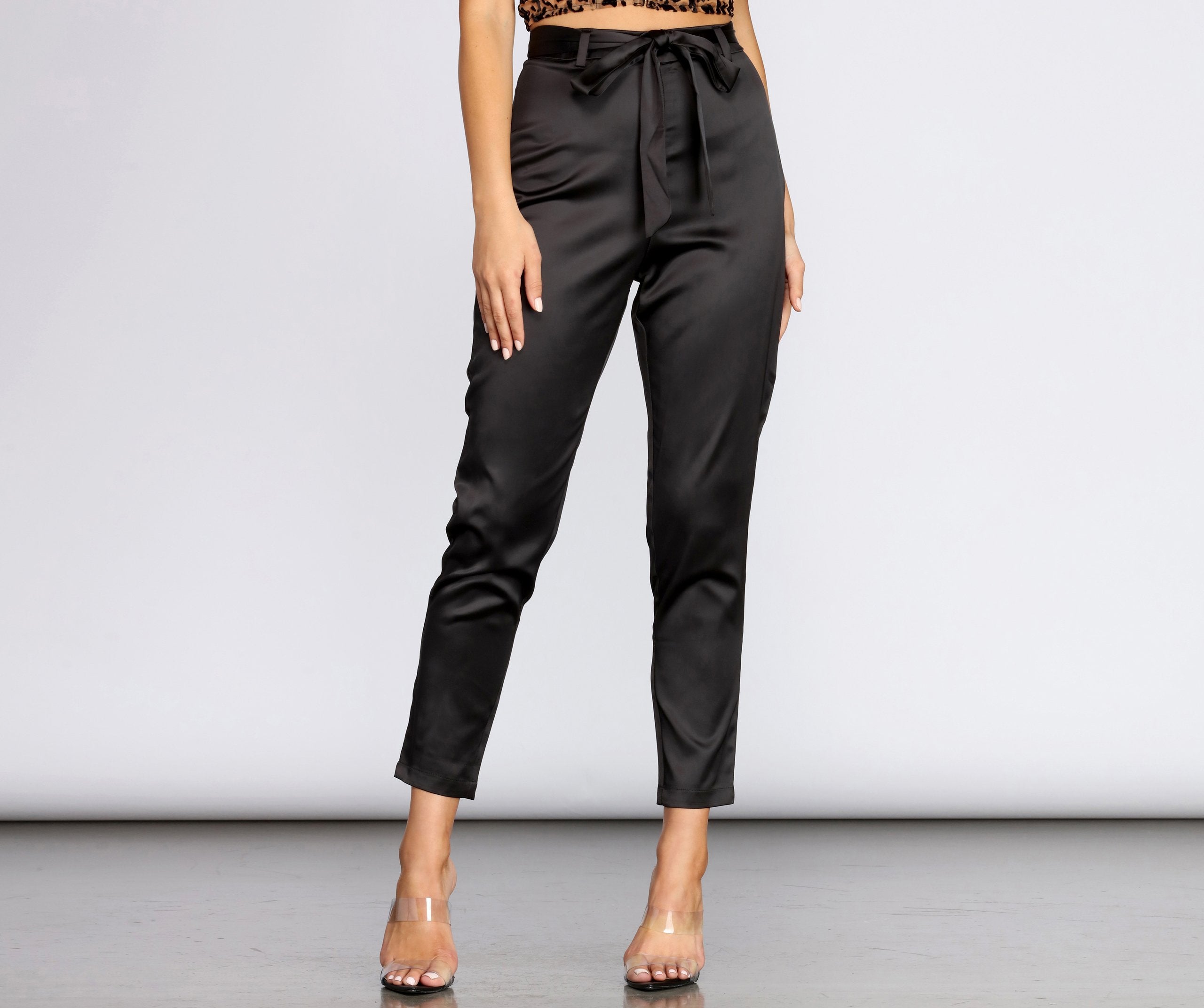 Tie Waist Satin Tapered Pants - Lady Occasions