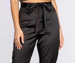 Tie Waist Satin Tapered Pants - Lady Occasions