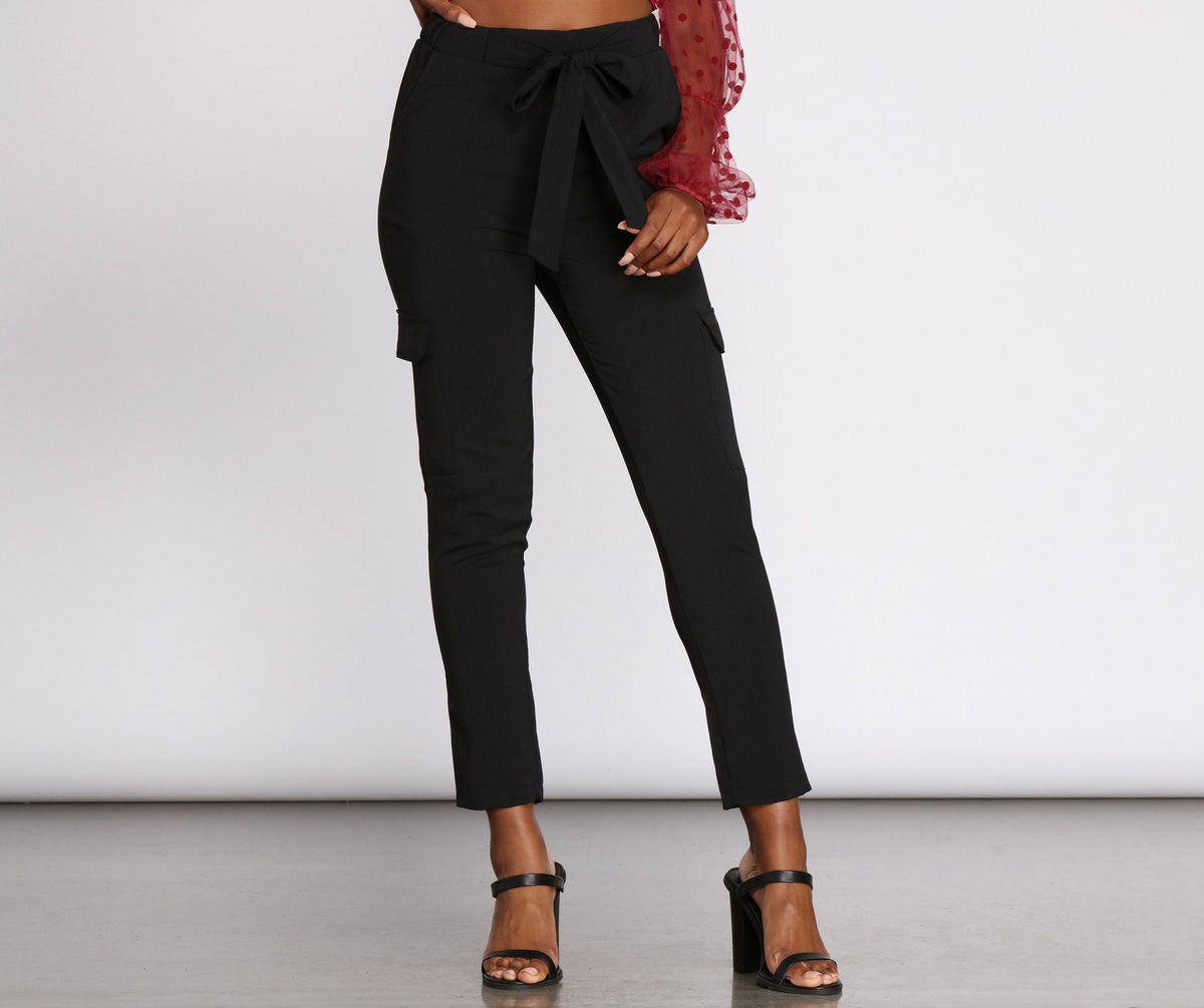 High Rise Tie Waist Tapered Pants - Lady Occasions