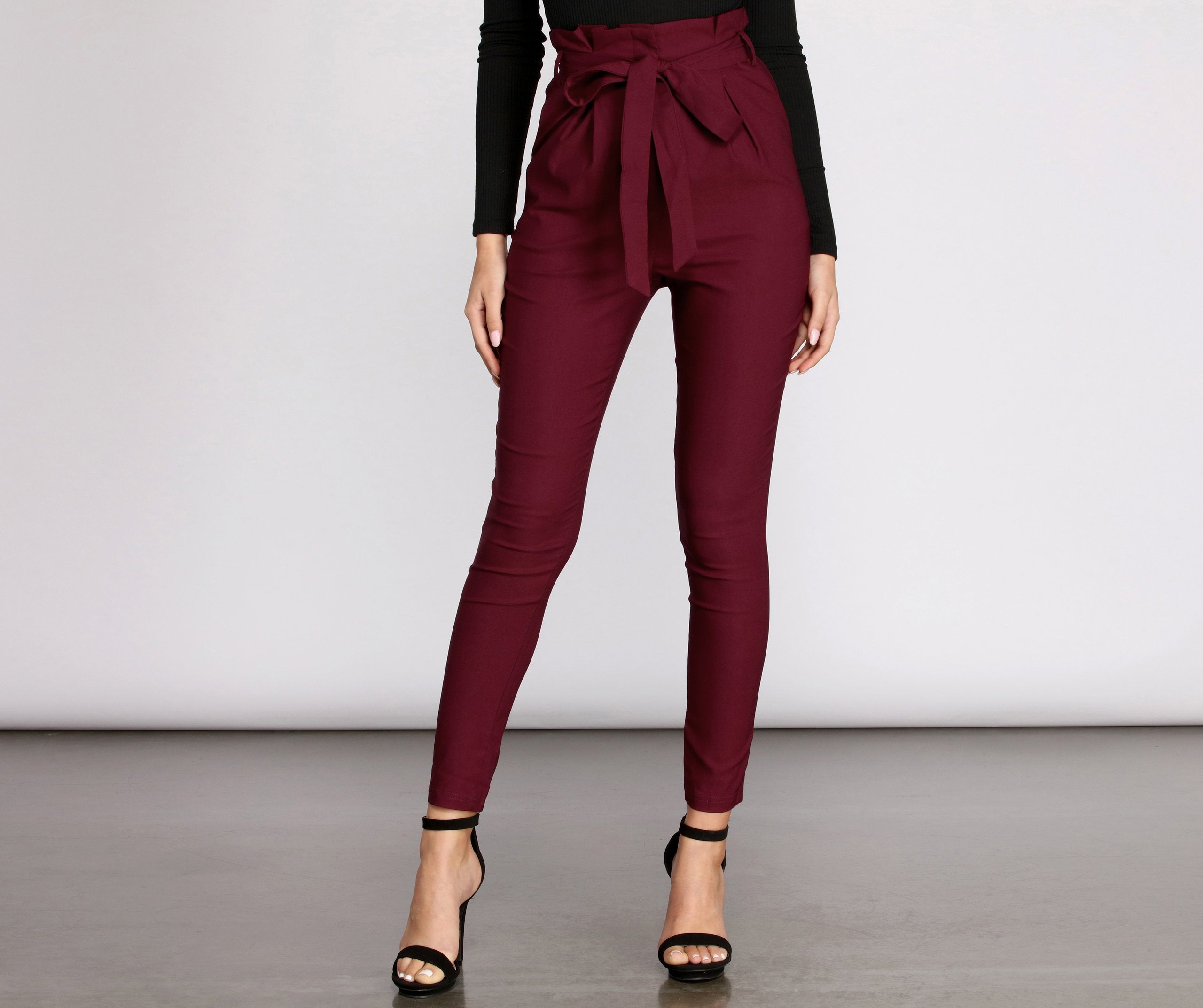 High Rise Tie Front Paper Bag Skinny Pants - Lady Occasions