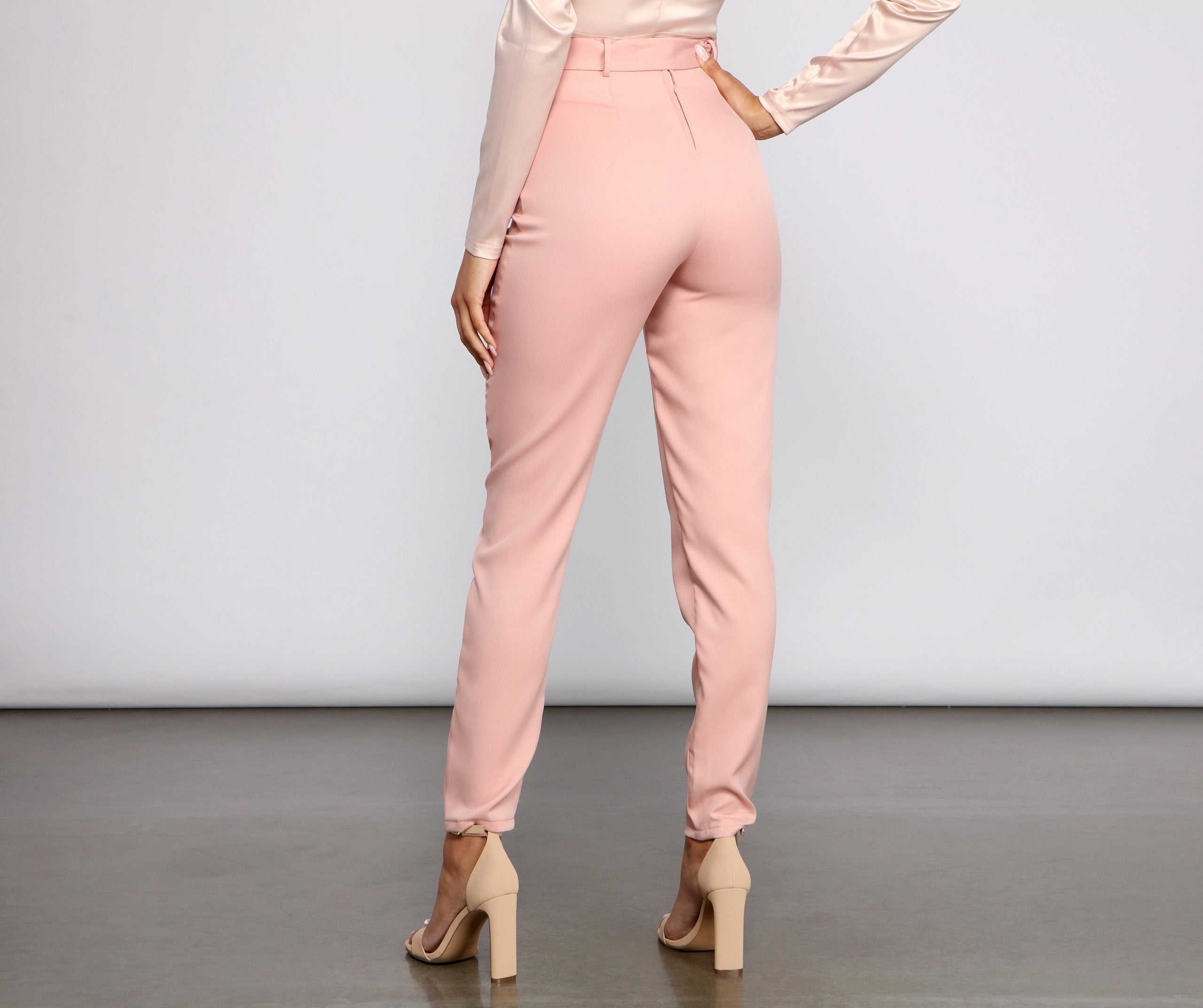 High Rise Tie Waist Tapered Pants - Lady Occasions