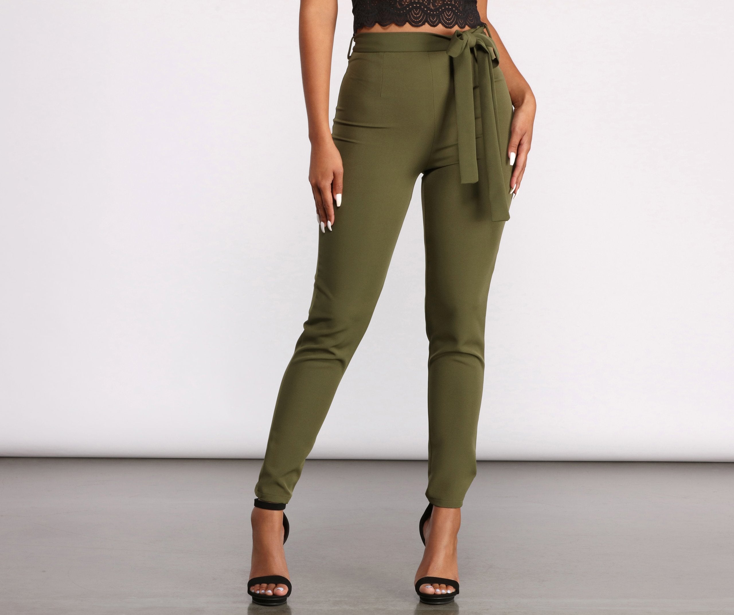 High Rise Tie Waist Tapered Pants - Lady Occasions