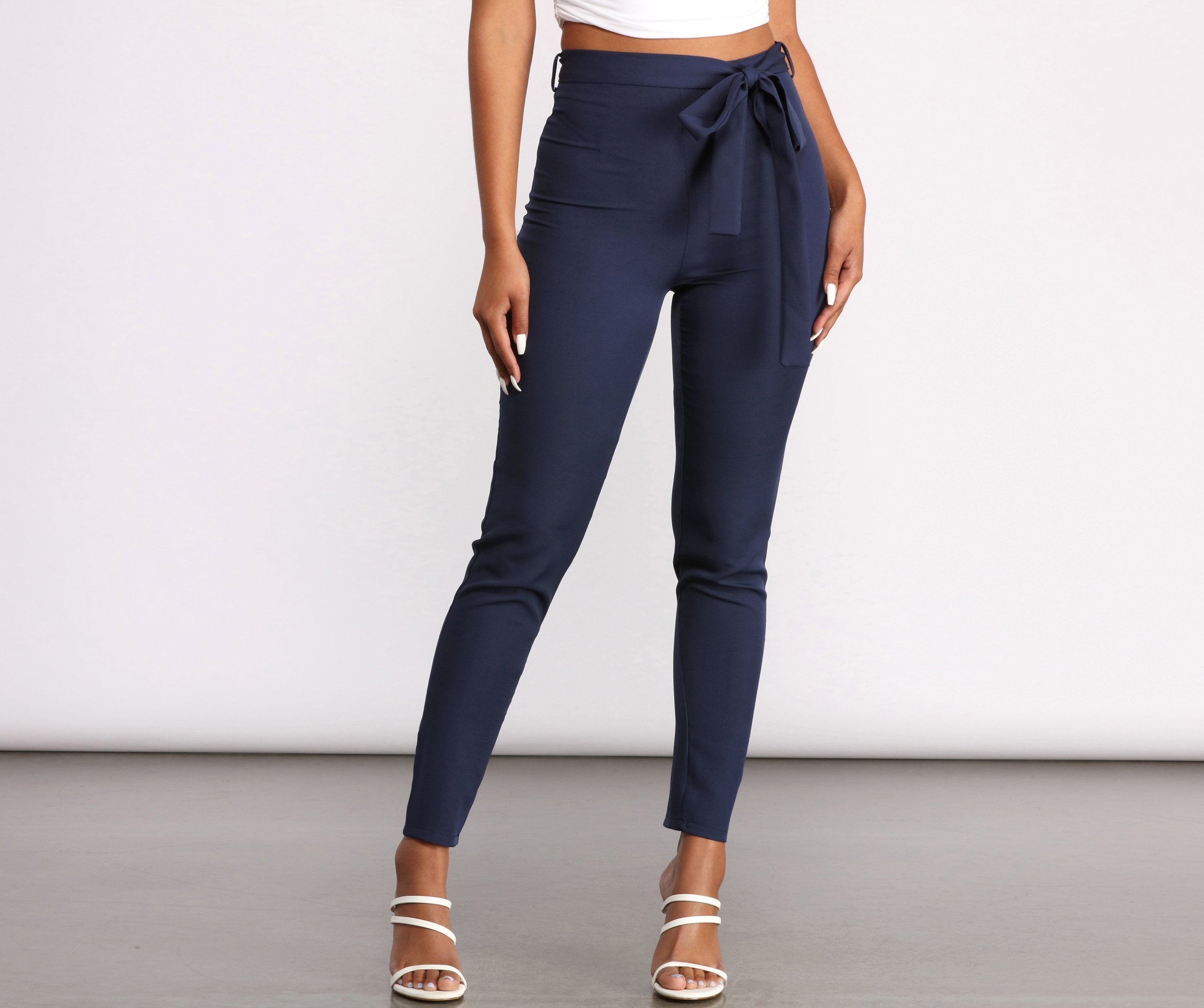 High Rise Tie Waist Tapered Pants - Lady Occasions