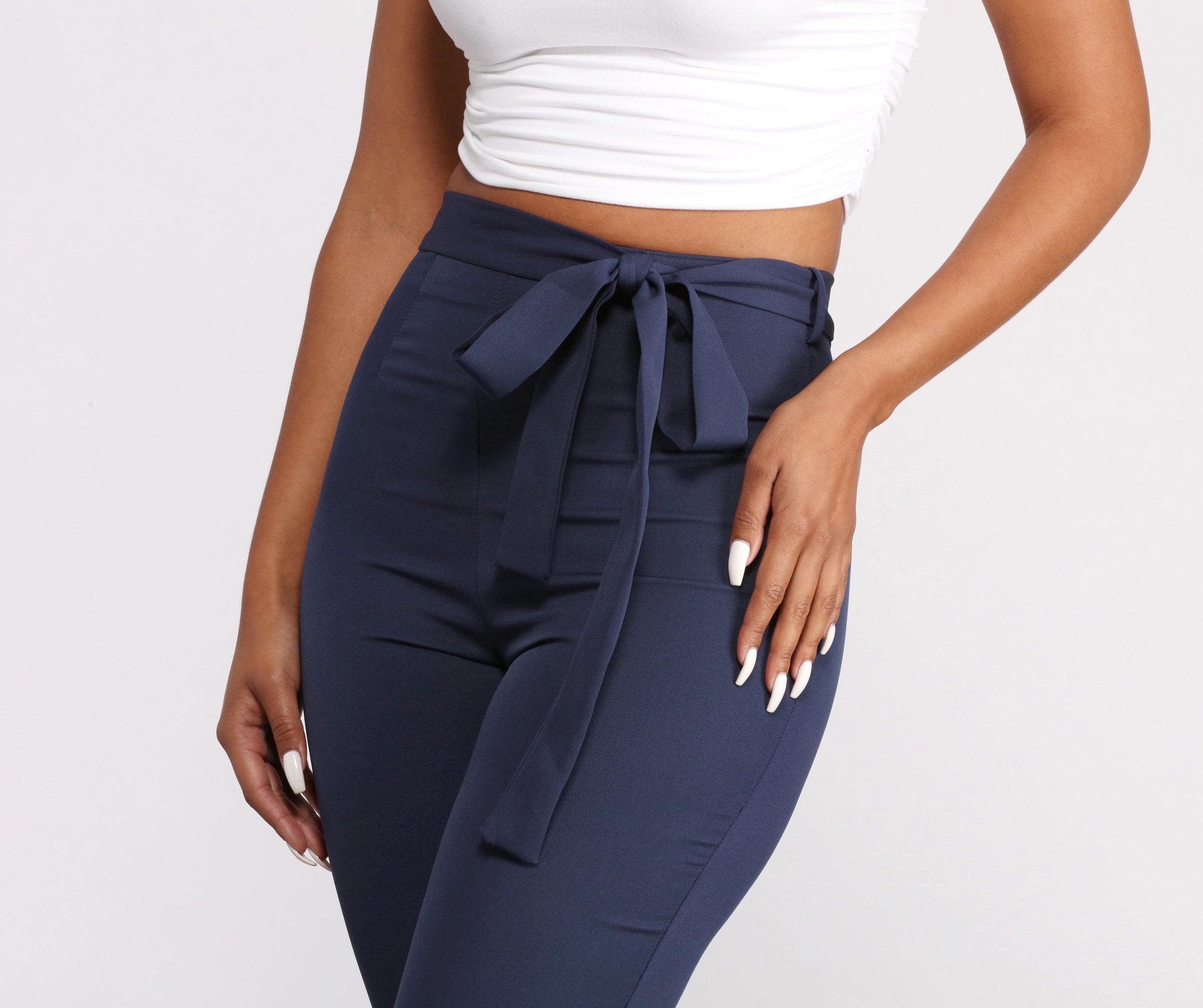 High Rise Tie Waist Tapered Pants - Lady Occasions