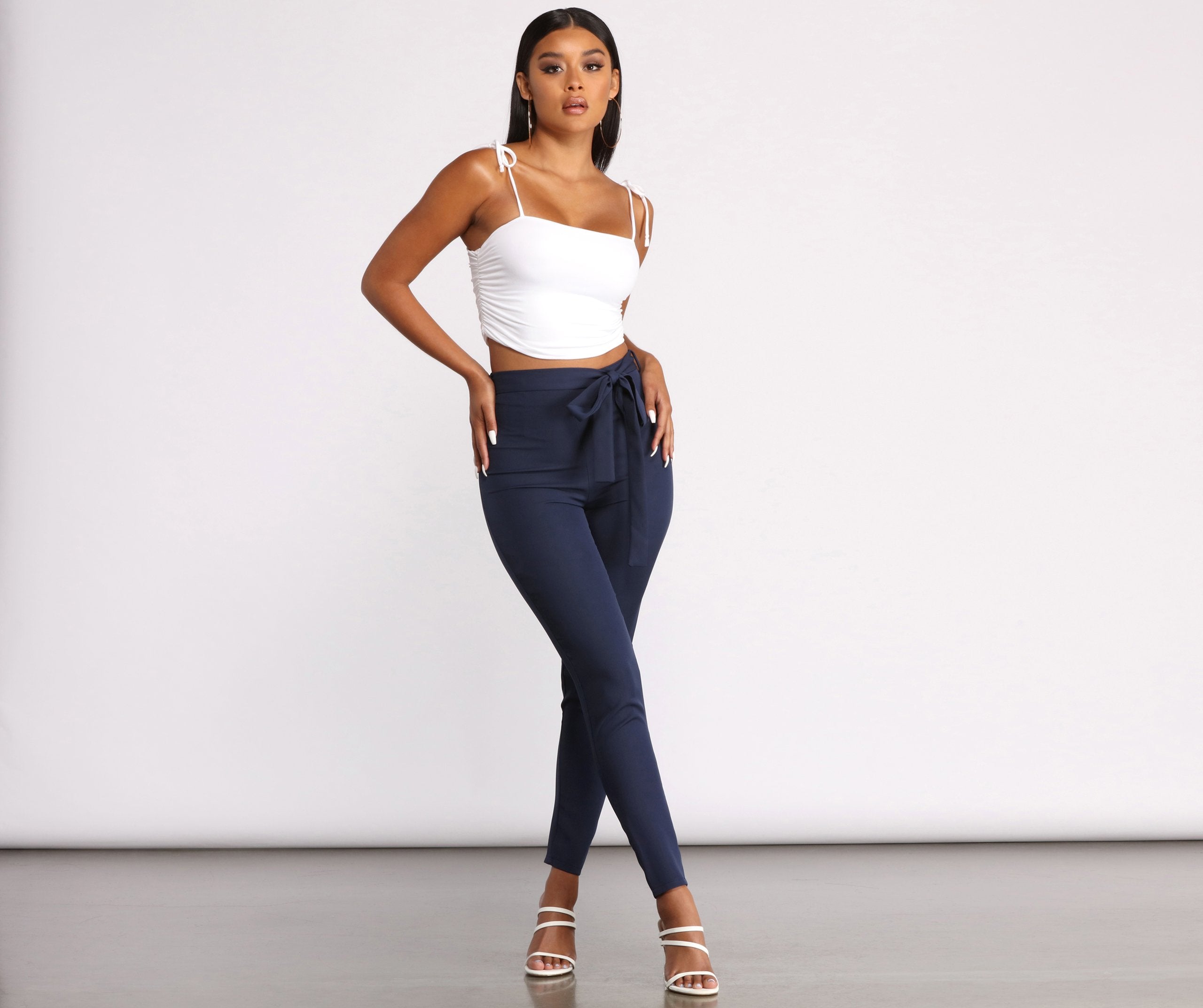 High Rise Tie Waist Tapered Pants - Lady Occasions