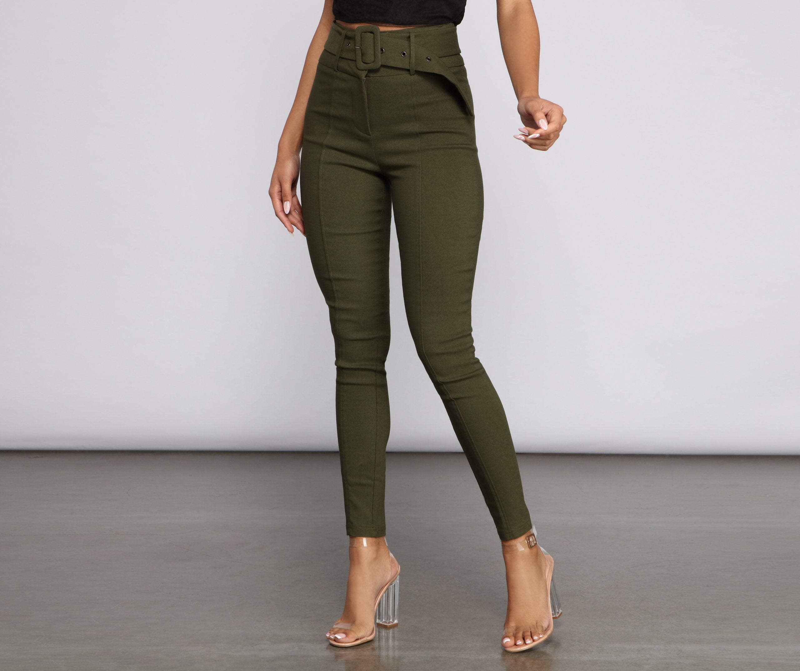 High Waist Belted Skinny Pants - Lady Occasions