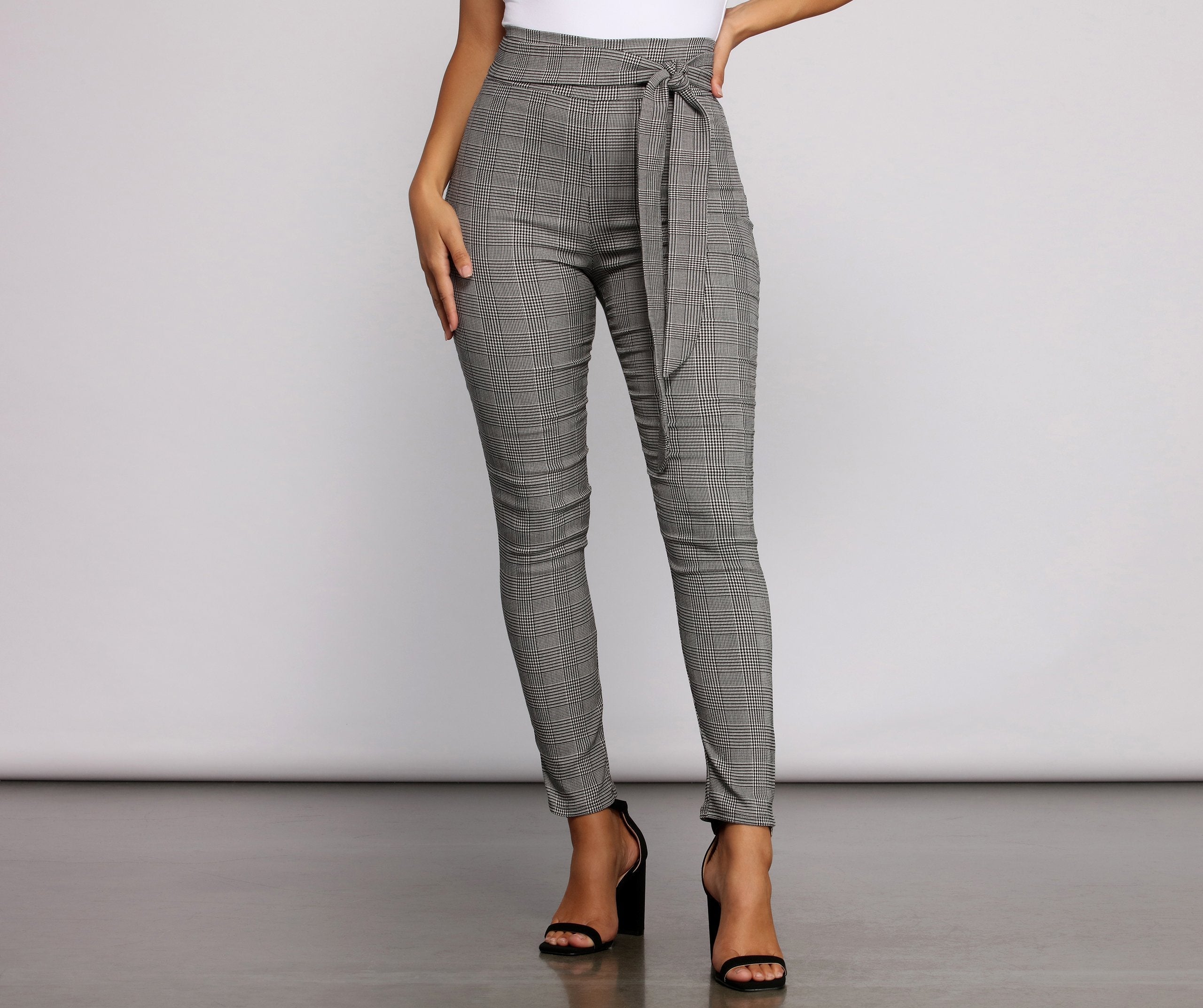 Poised In Plaid Tie Waist Skinny Pants - Lady Occasions