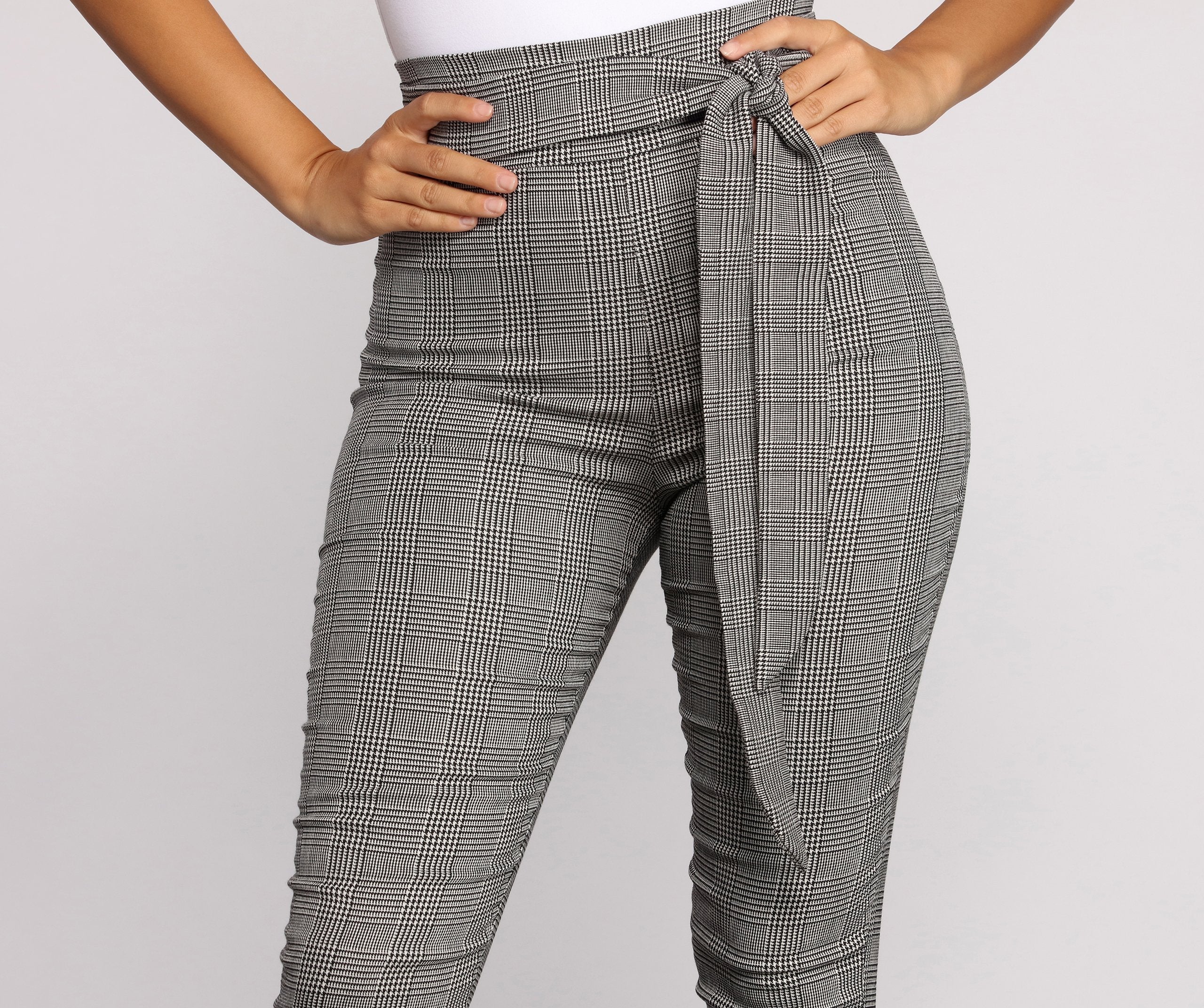 Poised In Plaid Tie Waist Skinny Pants - Lady Occasions