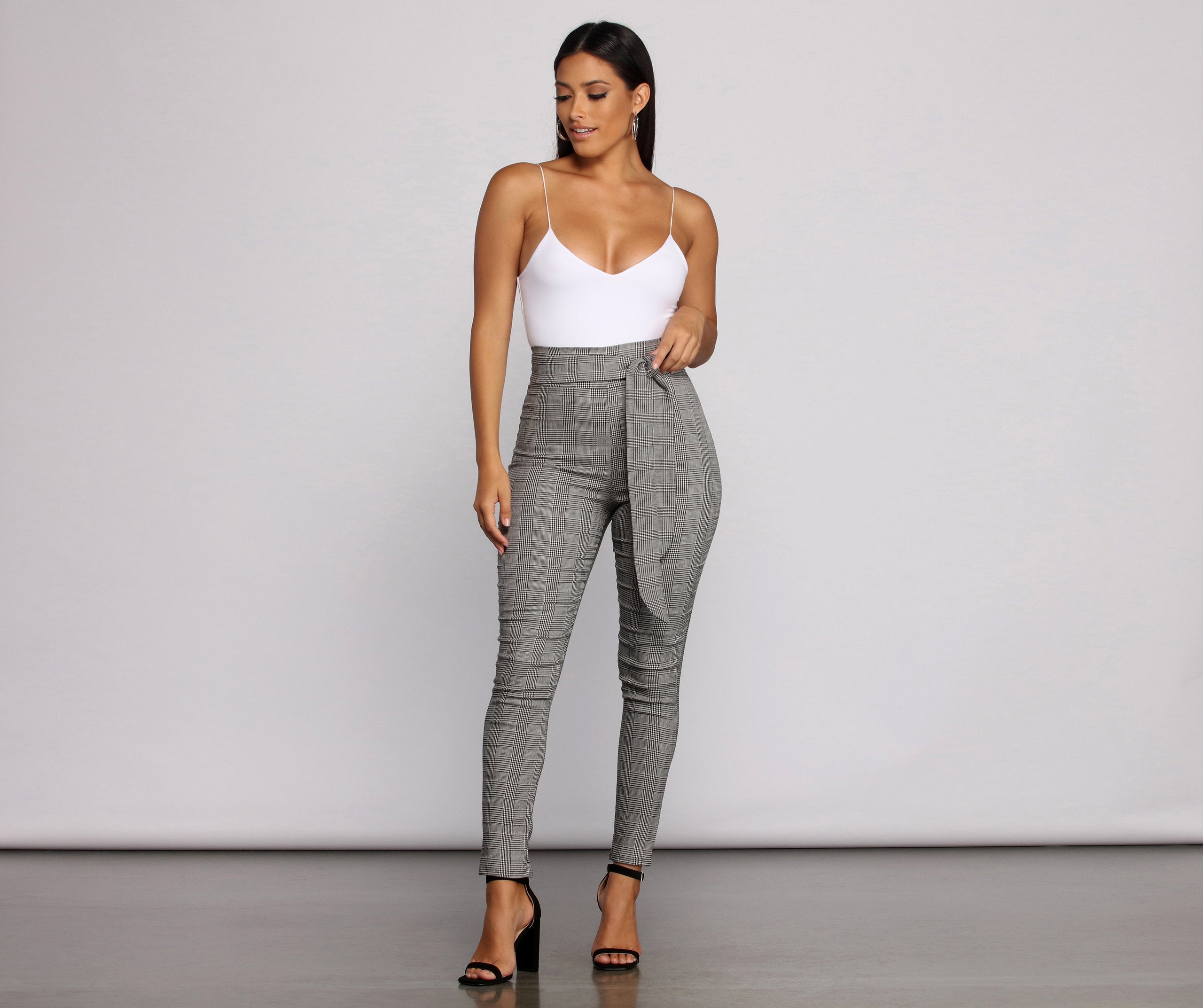 Poised In Plaid Tie Waist Skinny Pants - Lady Occasions