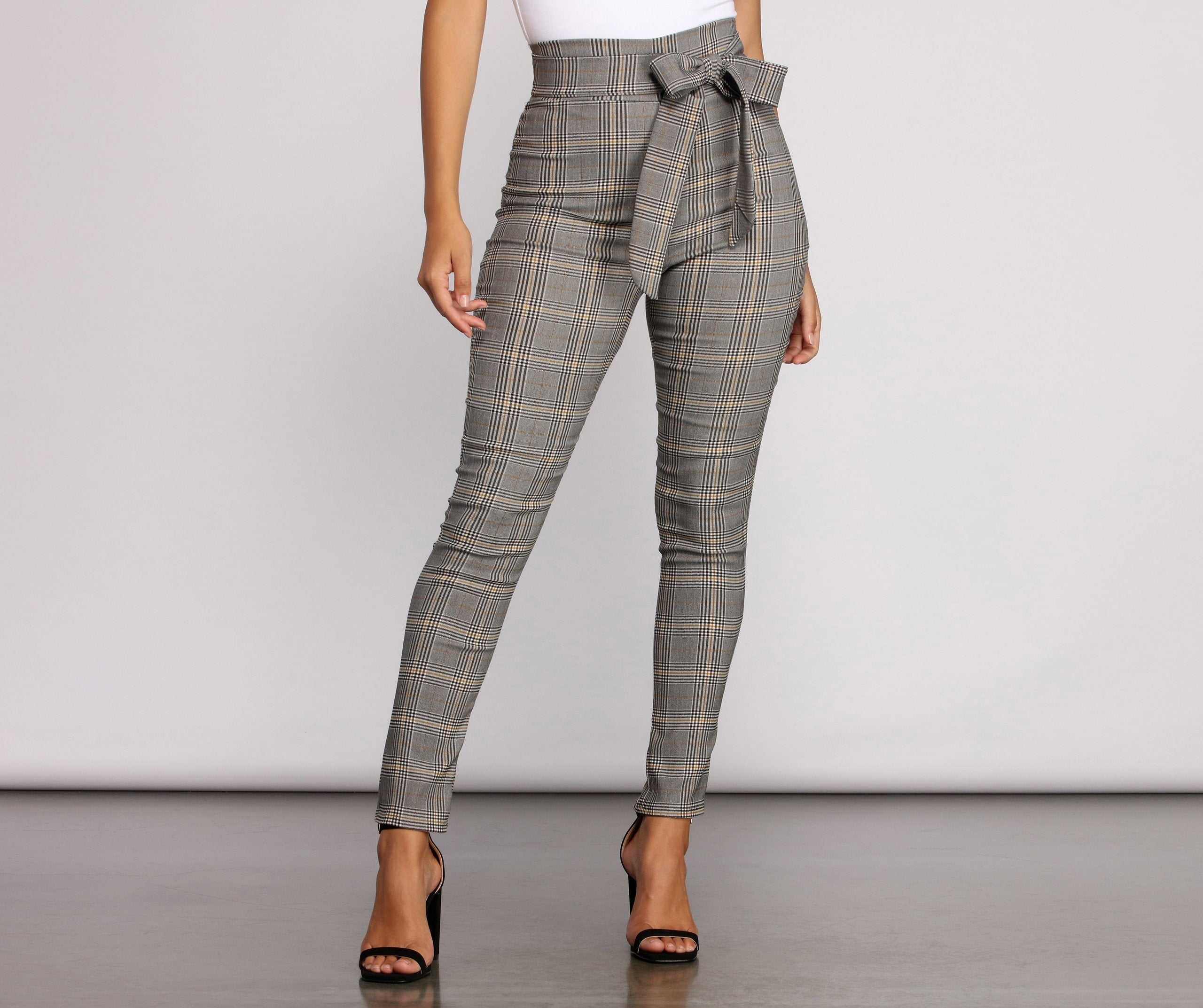 Poised In Plaid Tie Waist Skinny Pants - Lady Occasions