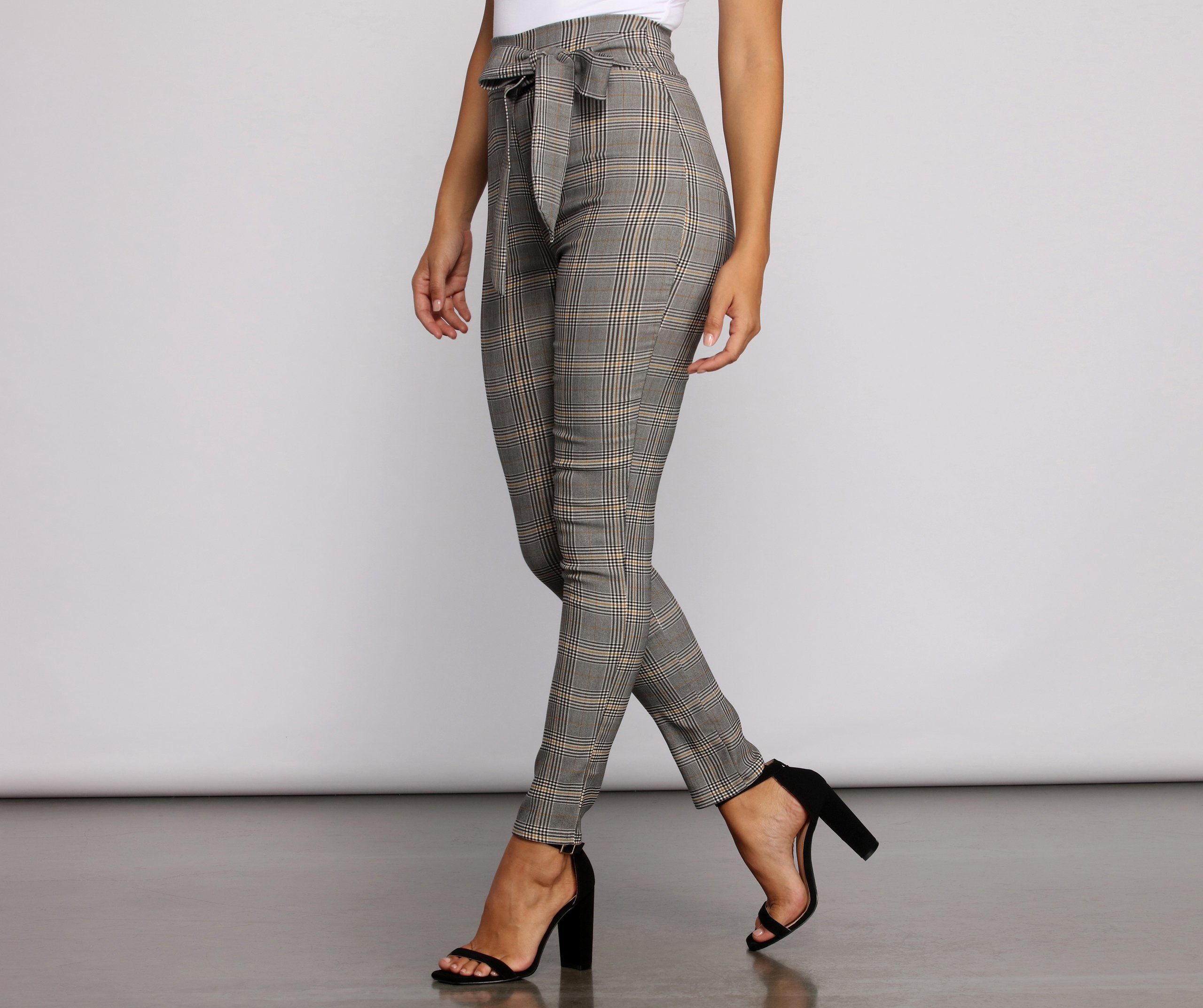 Poised In Plaid Tie Waist Skinny Pants - Lady Occasions