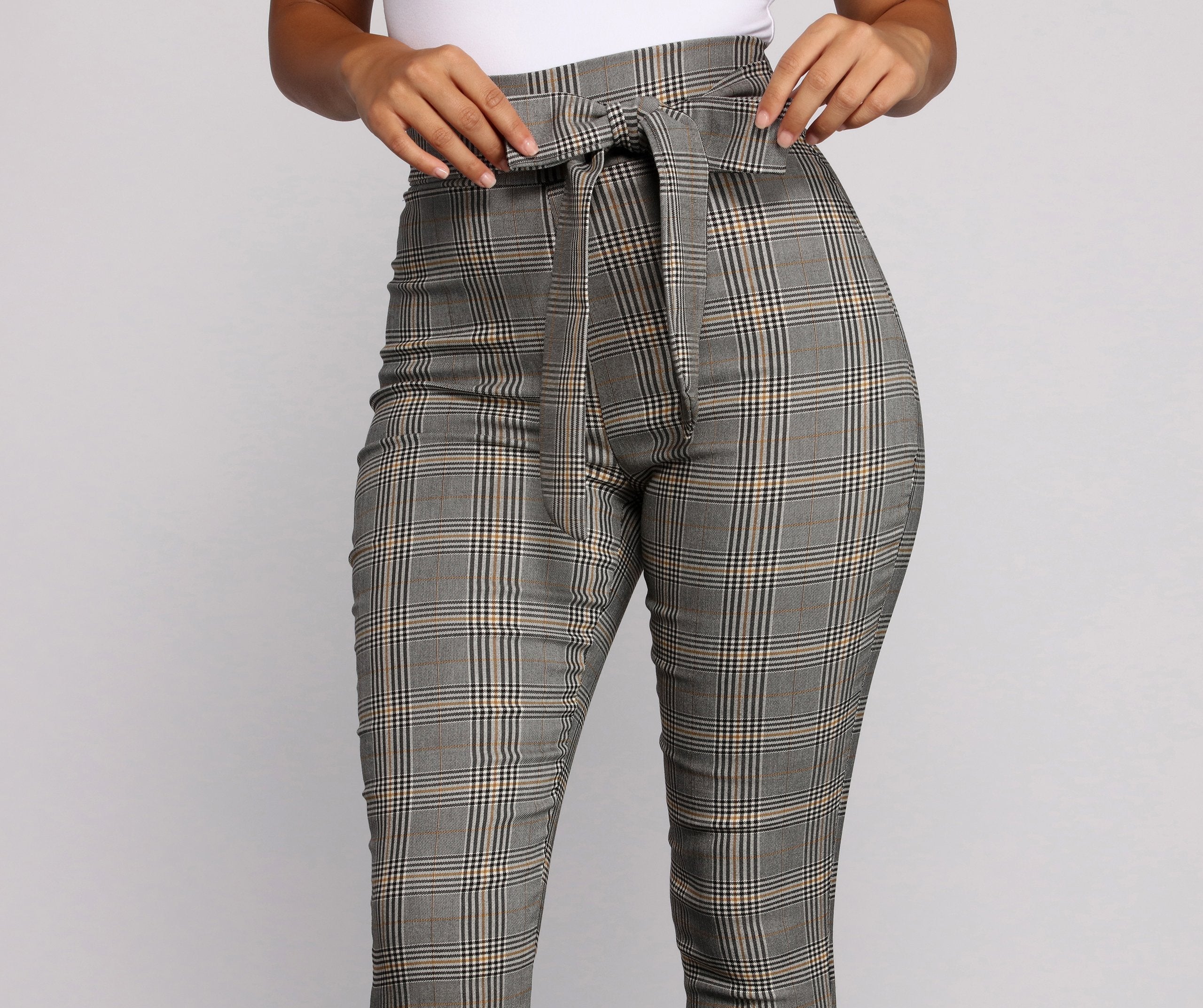 Poised In Plaid Tie Waist Skinny Pants - Lady Occasions