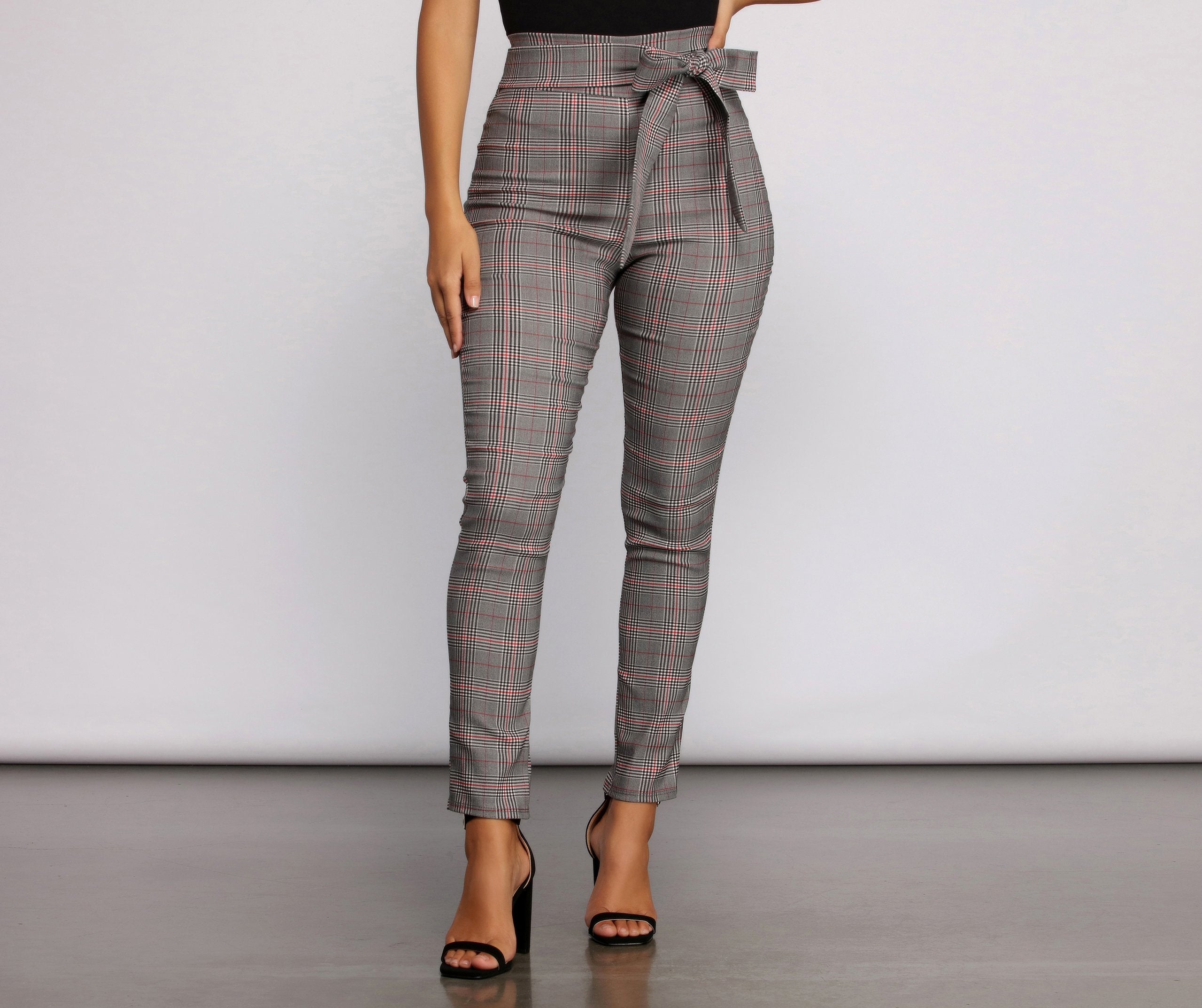 Poised In Plaid Tie Waist Skinny Pants - Lady Occasions