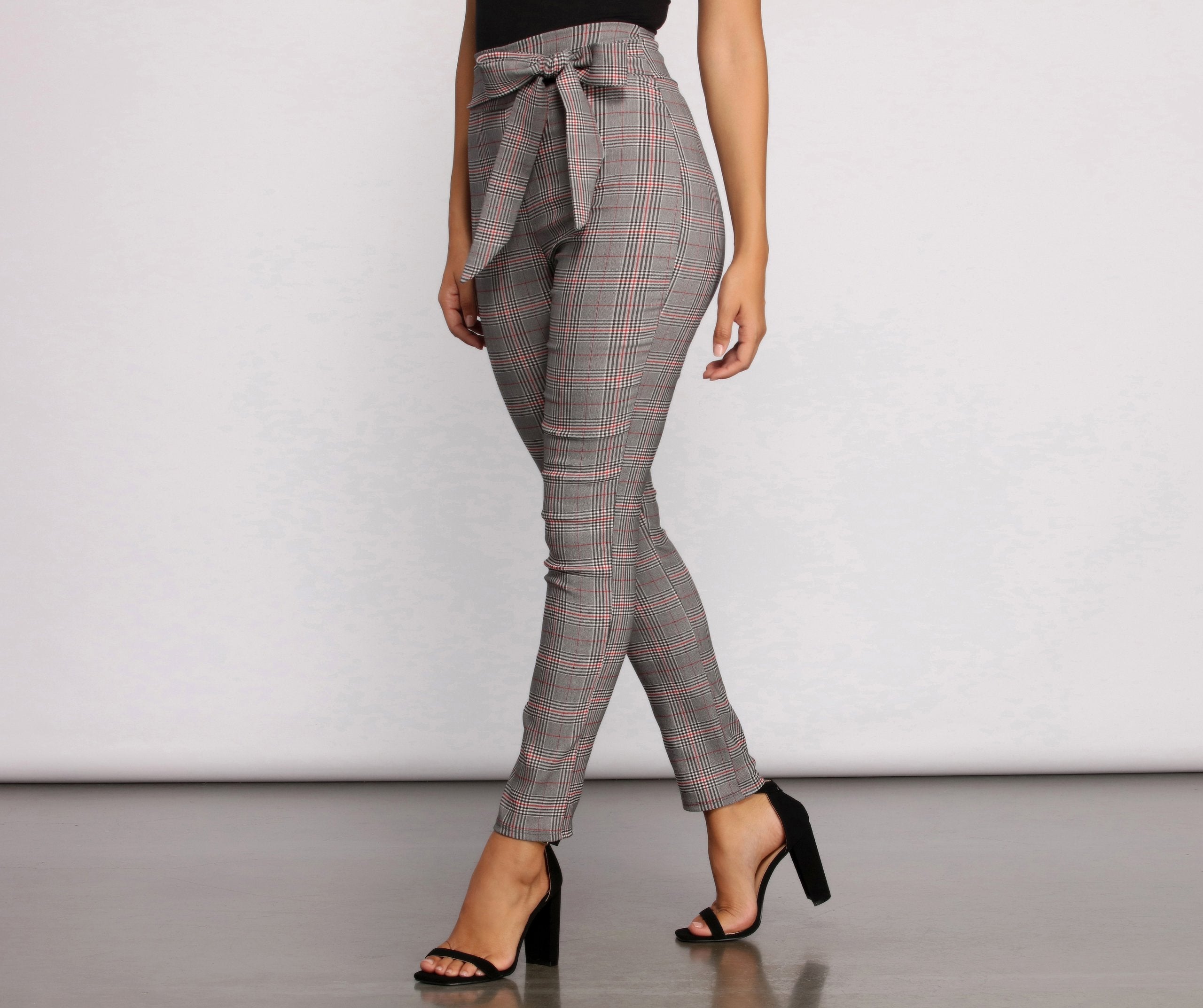 Poised In Plaid Tie Waist Skinny Pants - Lady Occasions