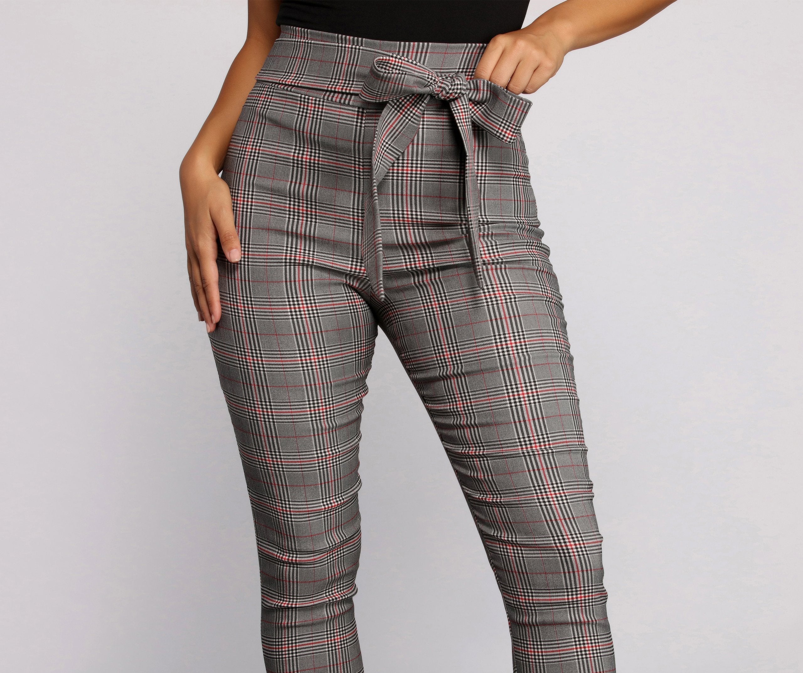 Poised In Plaid Tie Waist Skinny Pants - Lady Occasions