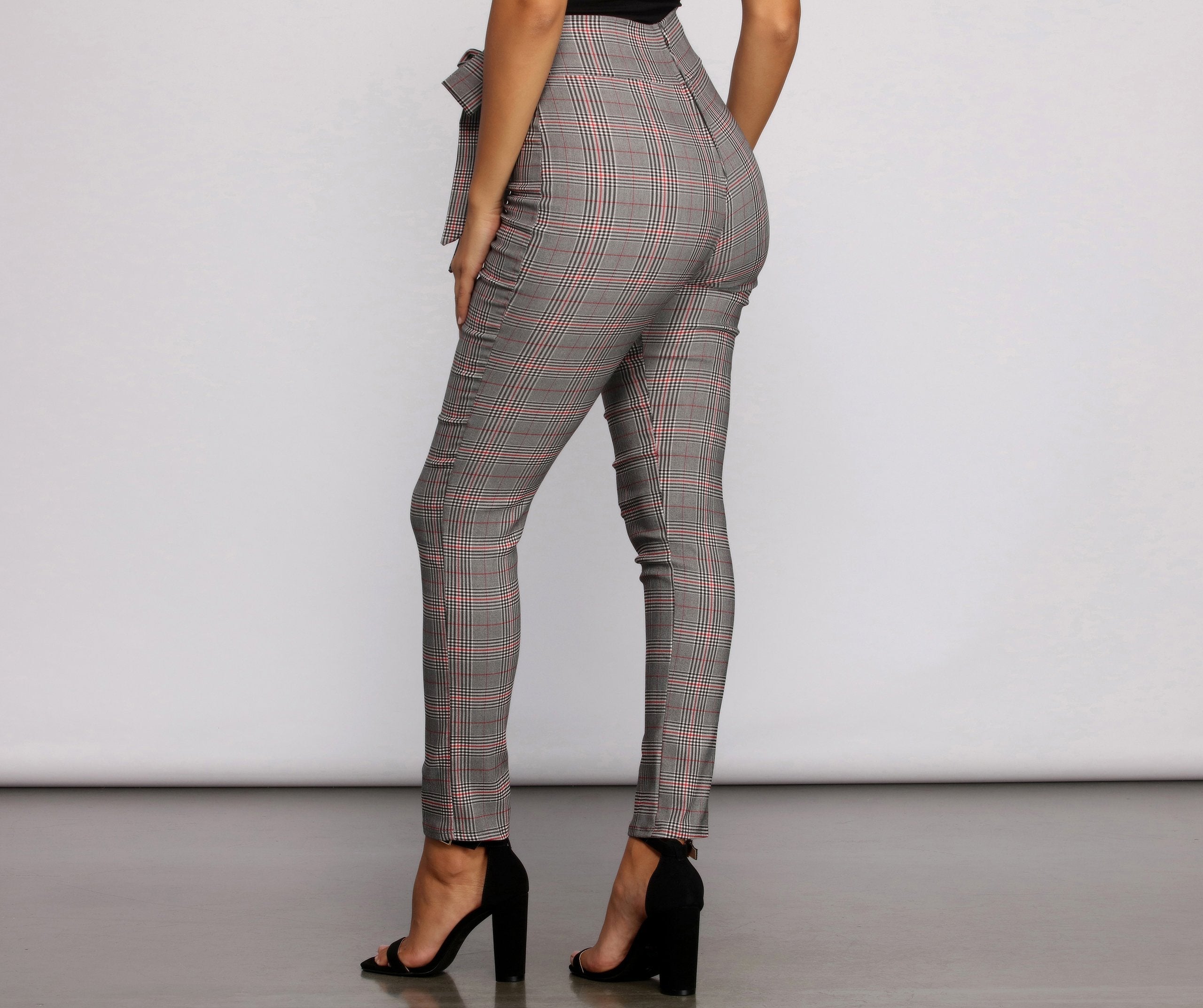 Poised In Plaid Tie Waist Skinny Pants - Lady Occasions