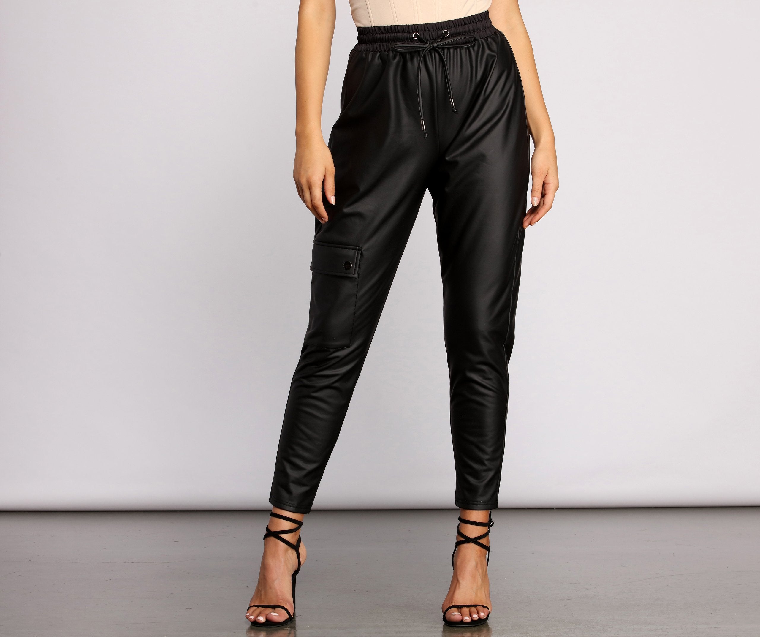 High Waist Faux Leather Cargo Pants - Lady Occasions