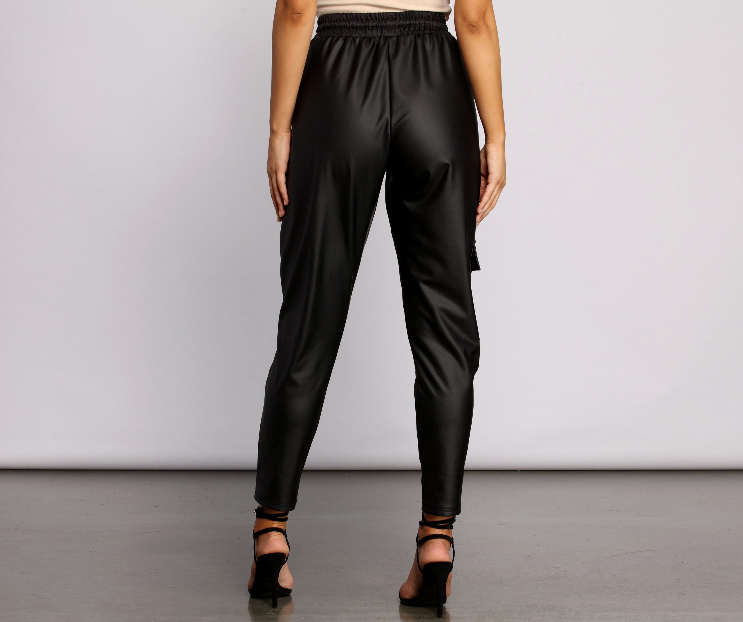 High Waist Faux Leather Cargo Pants - Lady Occasions