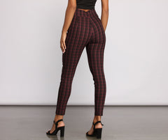 High Waist Snap Front Plaid Skinny Pants - Lady Occasions