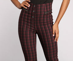 High Waist Snap Front Plaid Skinny Pants - Lady Occasions