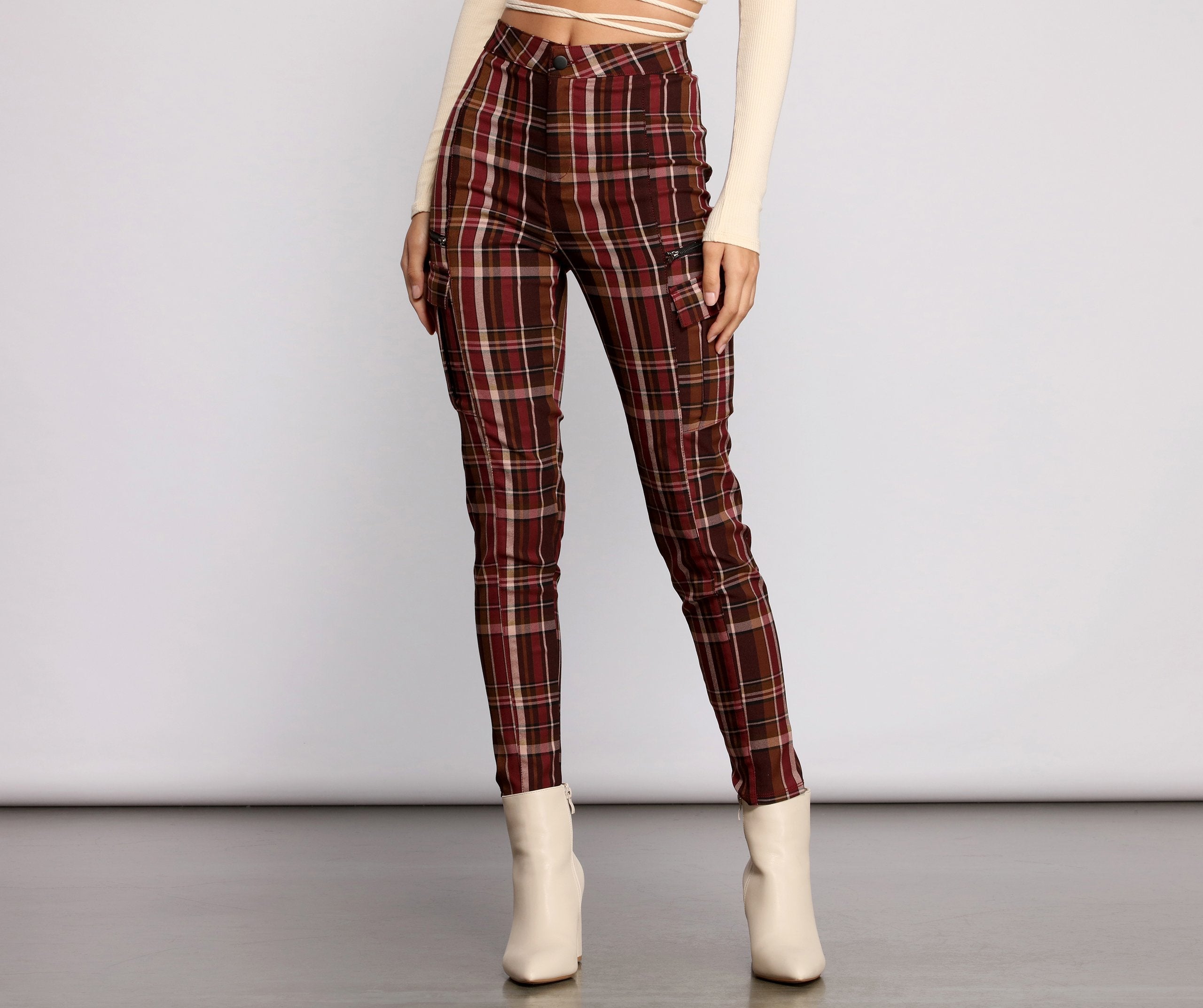 High Waist Plaid Cargo Skinny Pants - Lady Occasions