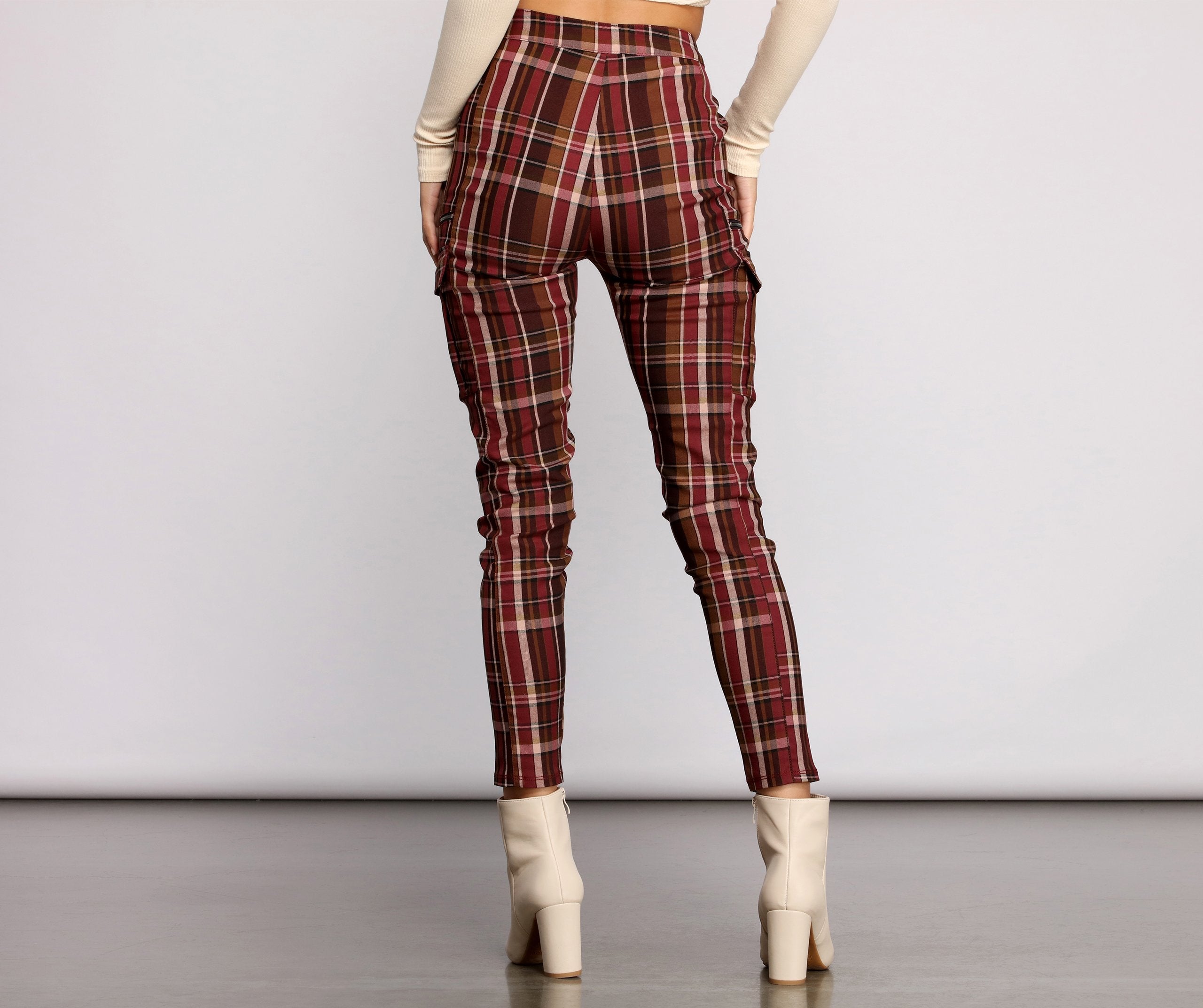 High Waist Plaid Cargo Skinny Pants - Lady Occasions