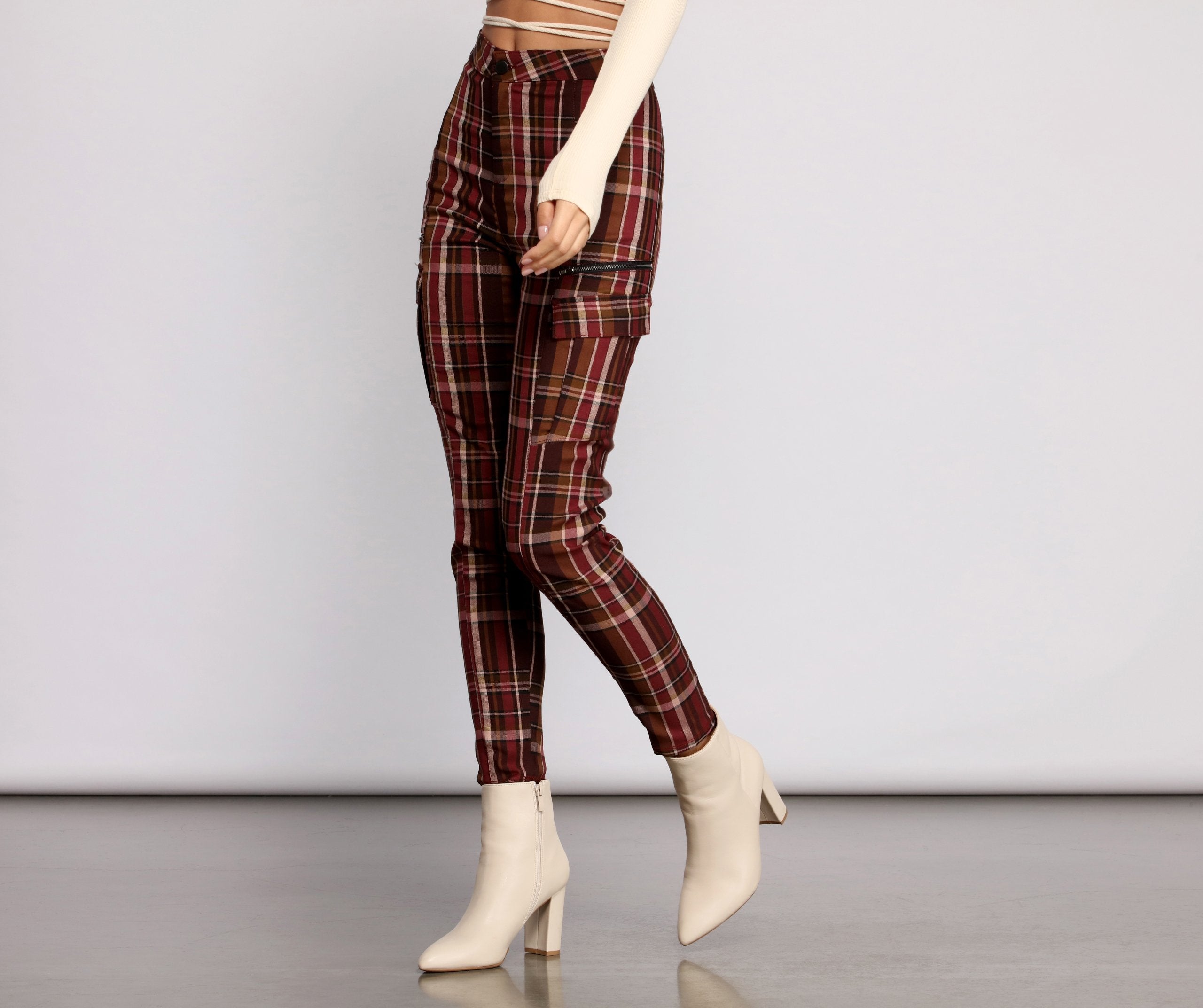 High Waist Plaid Cargo Skinny Pants - Lady Occasions