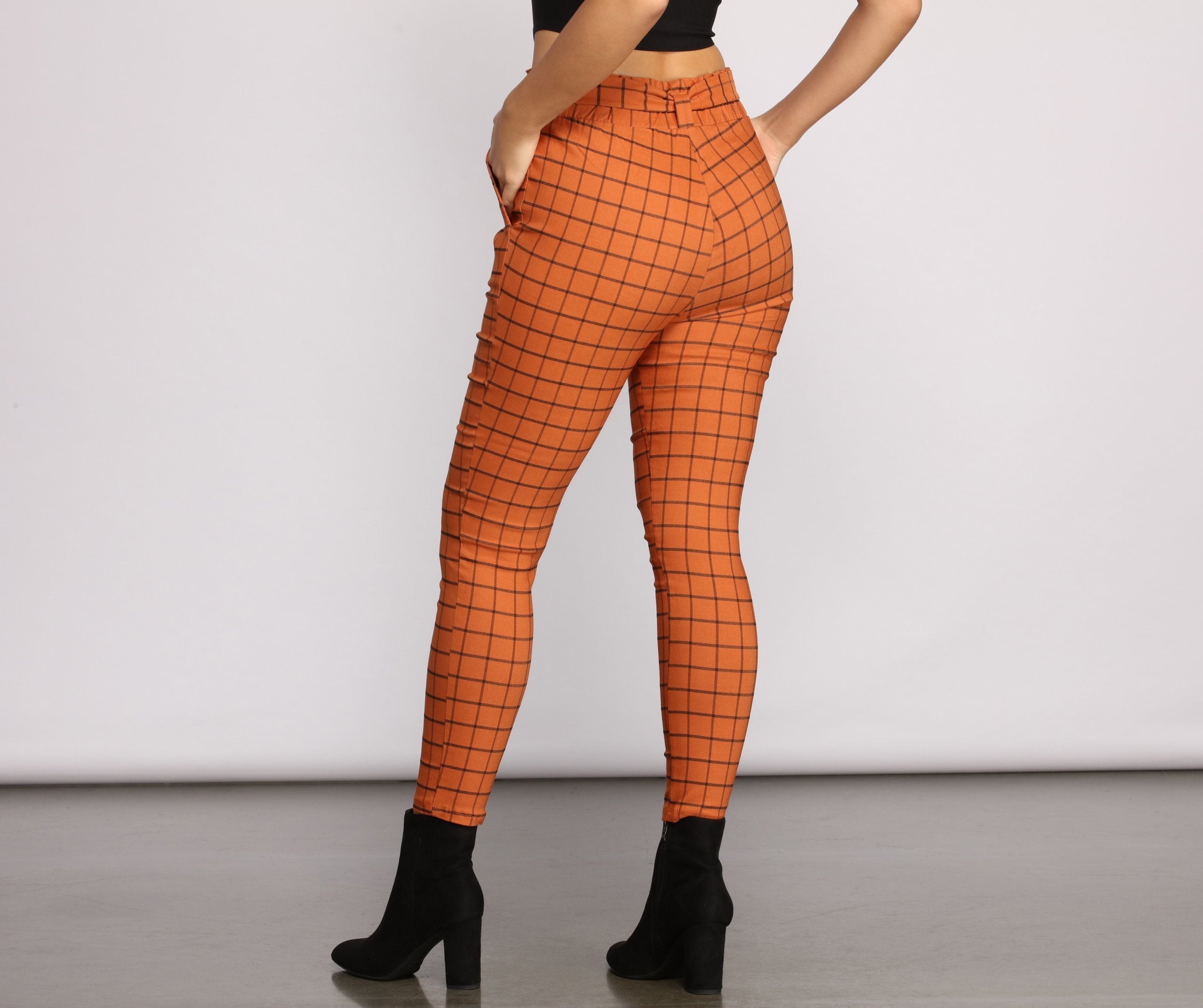 High Waist Paperbag Window Pane Pants - Lady Occasions