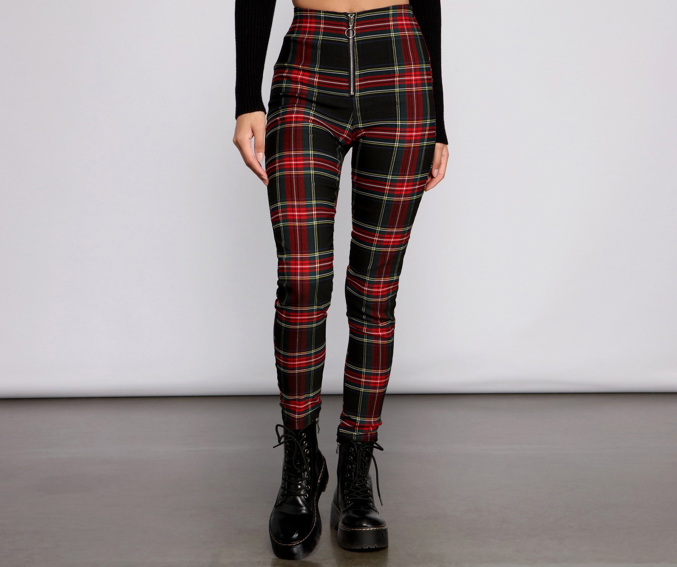 High Waist Plaid Zip Front Pants - Lady Occasions