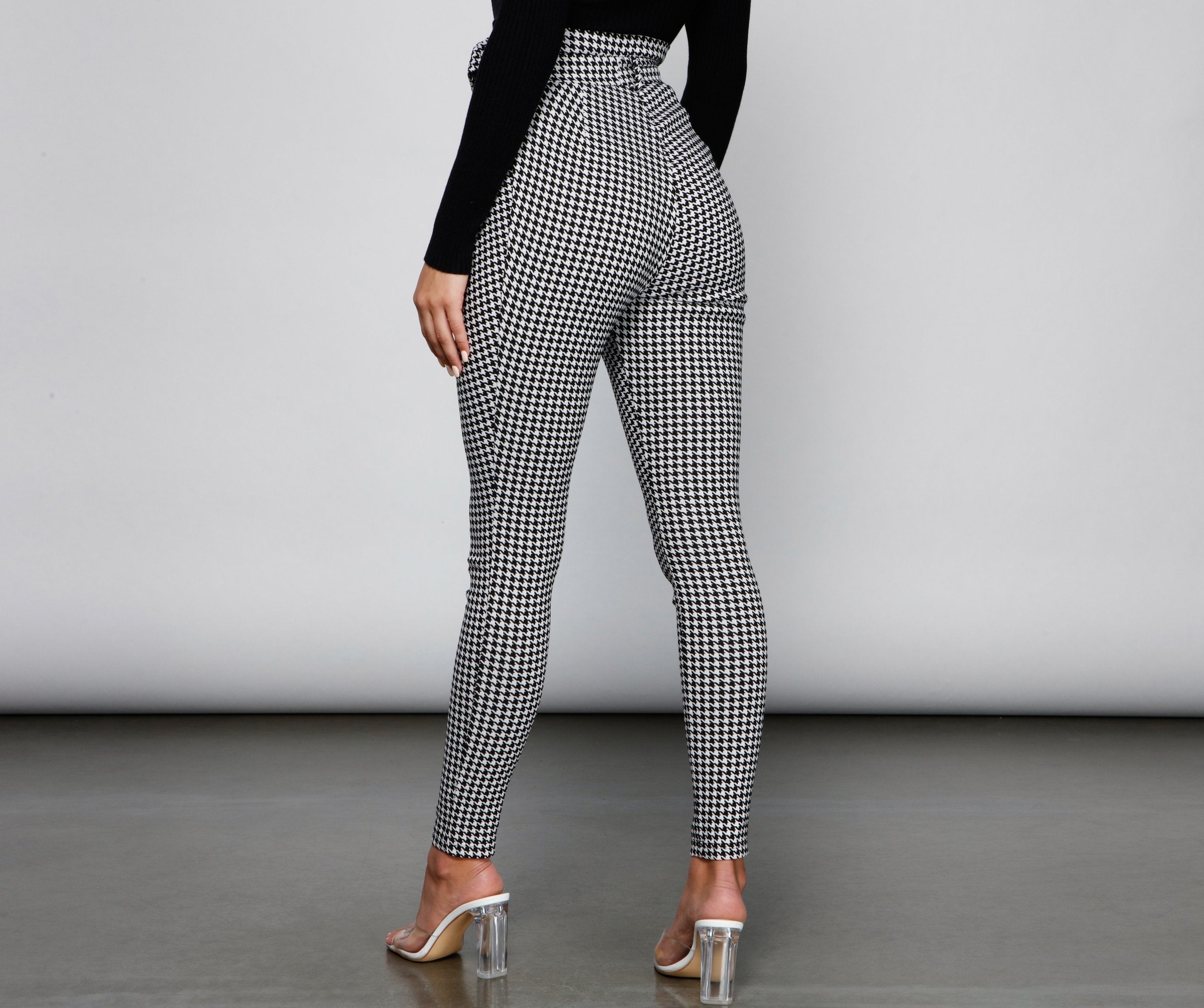 Houndstooth Paper Bag Skinny Pants - Lady Occasions