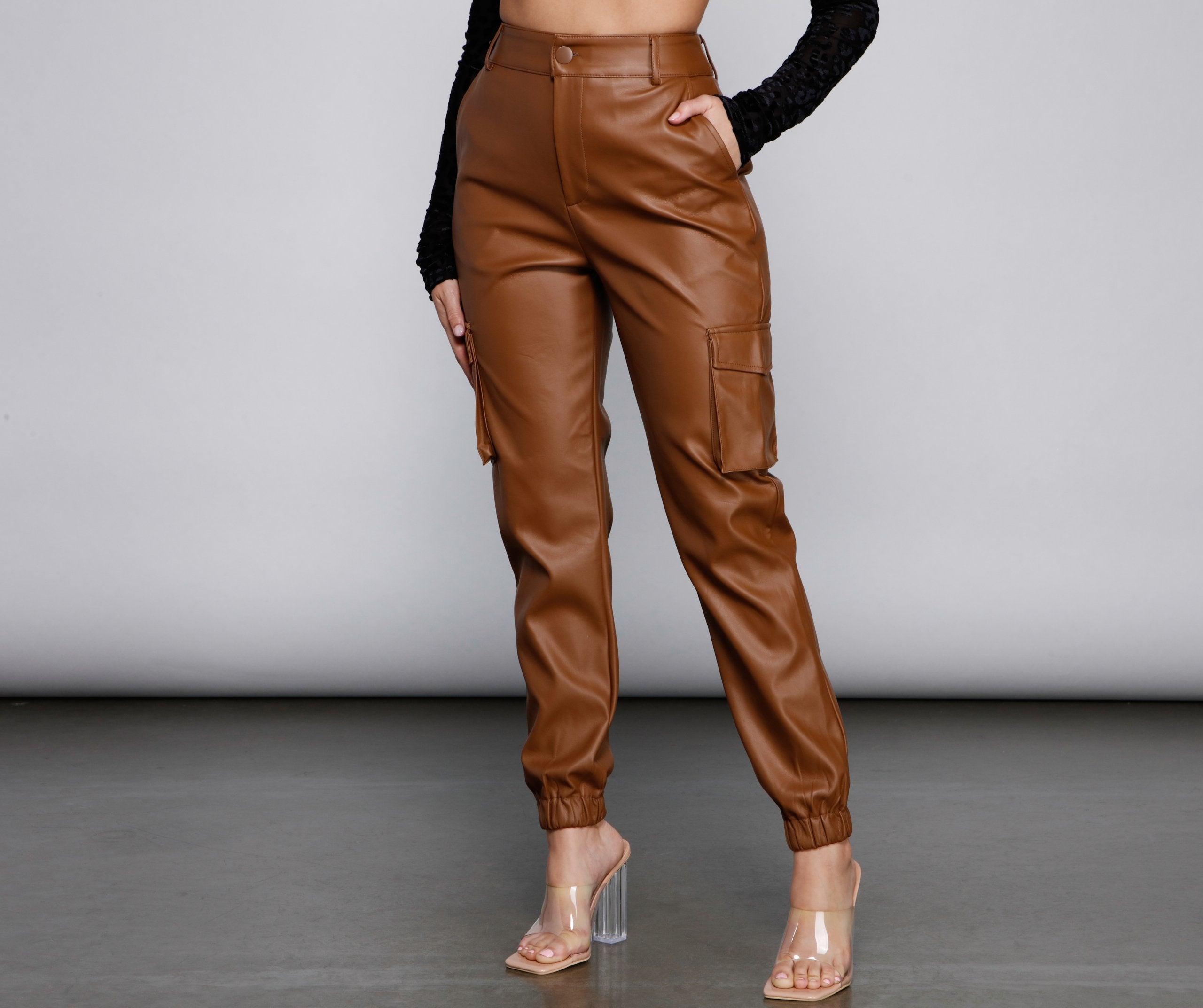 High Waist Faux Leather Cargo Pants - Lady Occasions