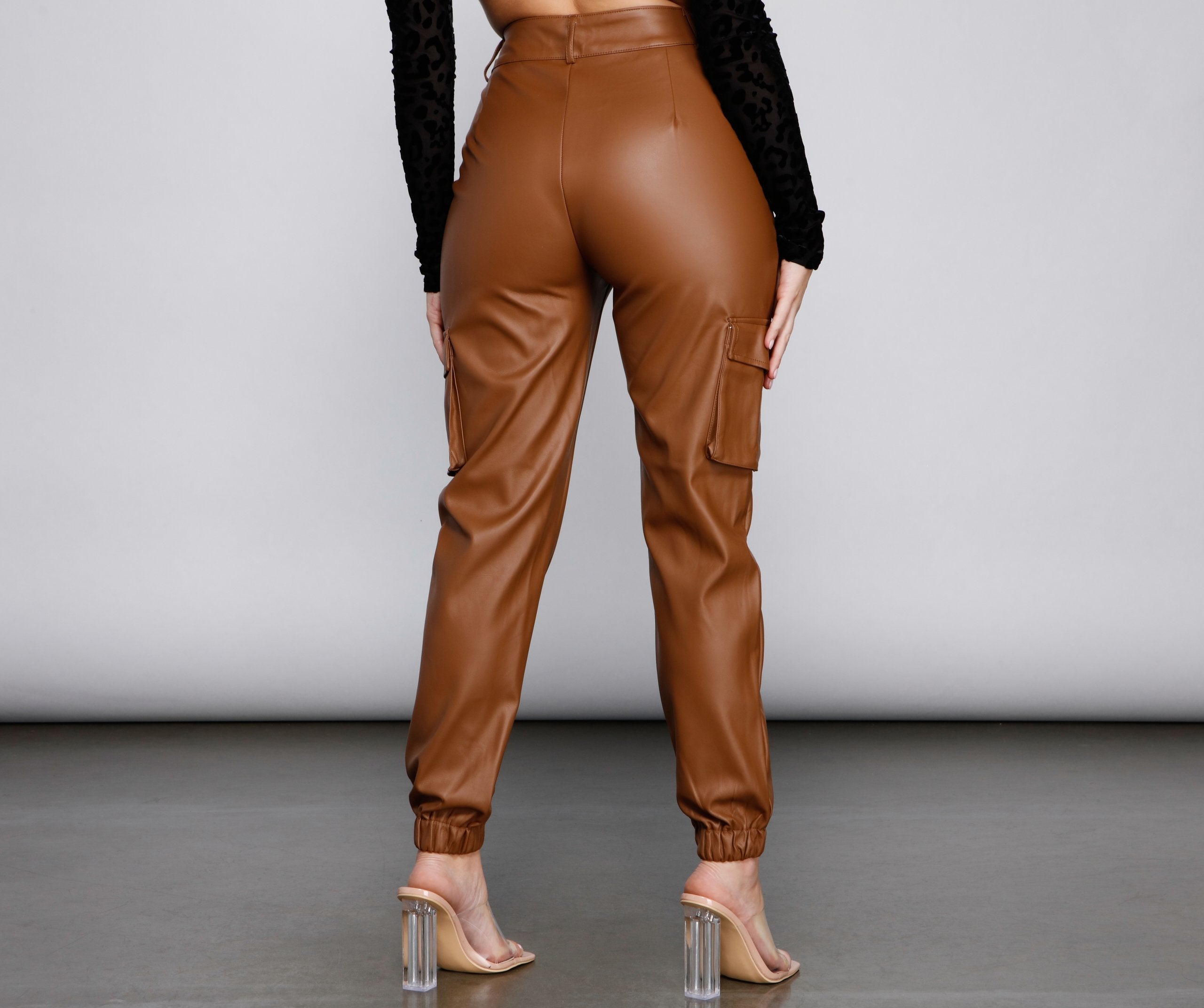 High Waist Faux Leather Cargo Pants - Lady Occasions