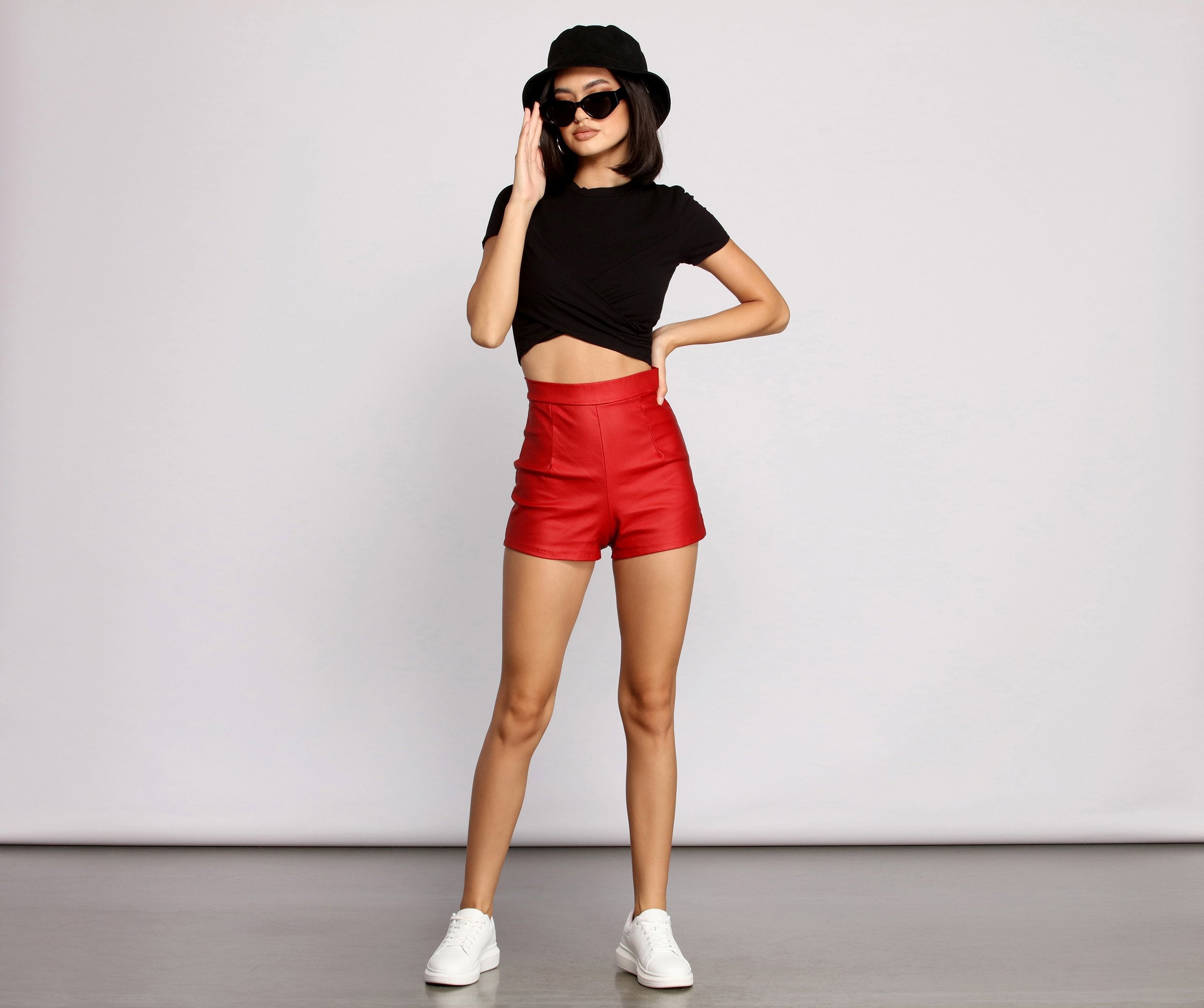 High Waist Coated Faux Leather Shorts - Lady Occasions