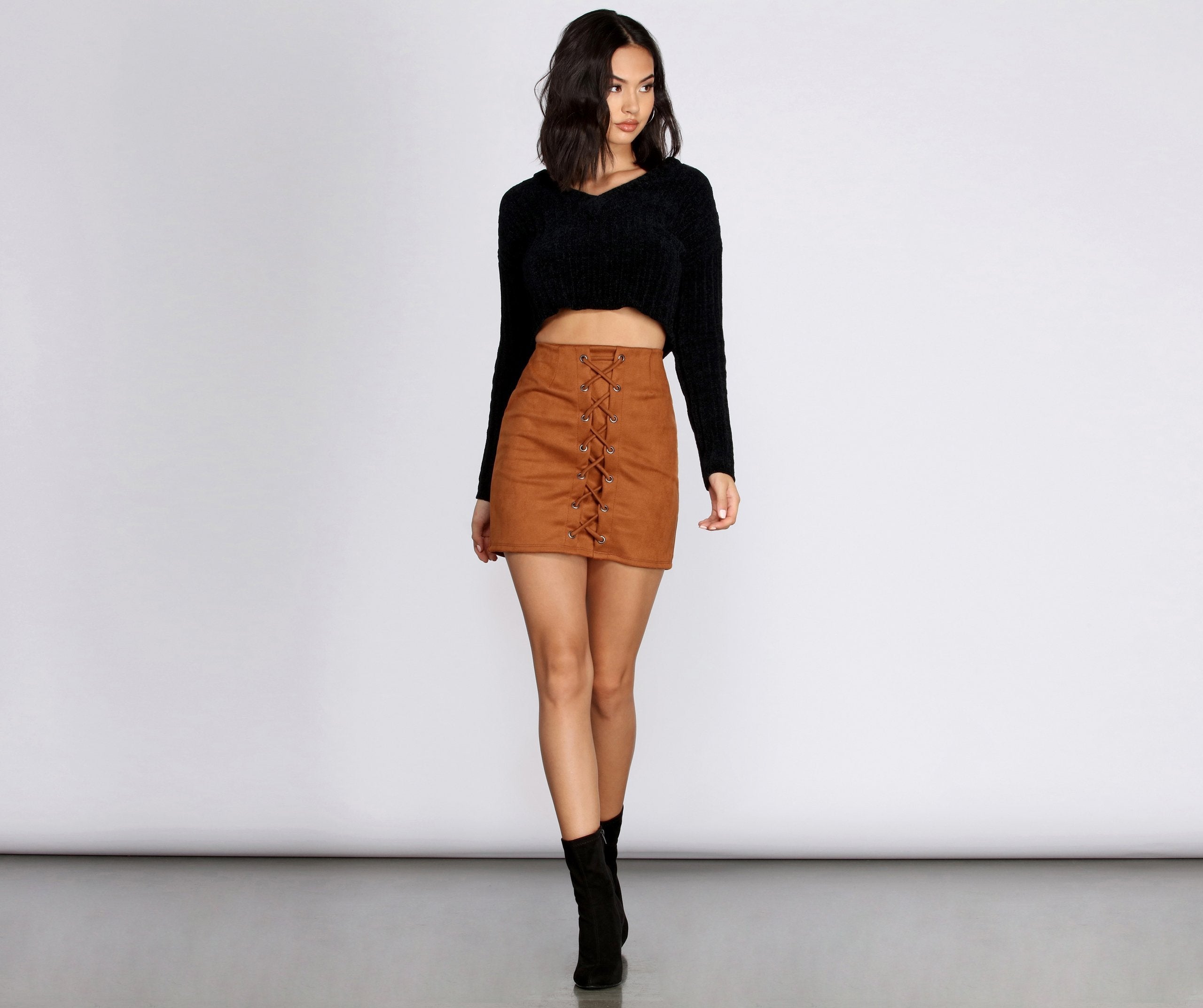 Faux Suede Lace Up Mini Skirt - Lady Occasions