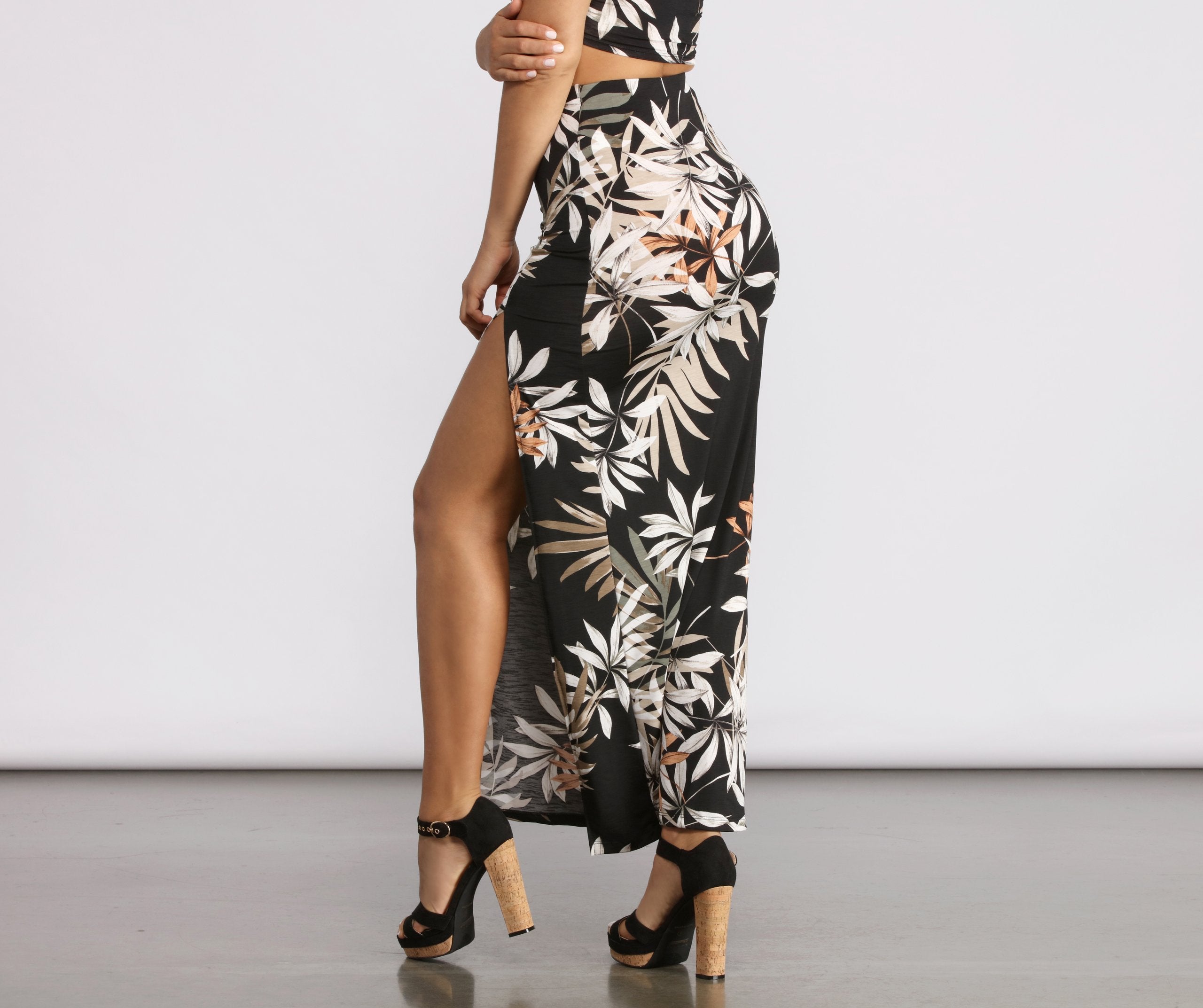 Tropical Palm Leaf High Slit Maxi Skirt - Lady Occasions