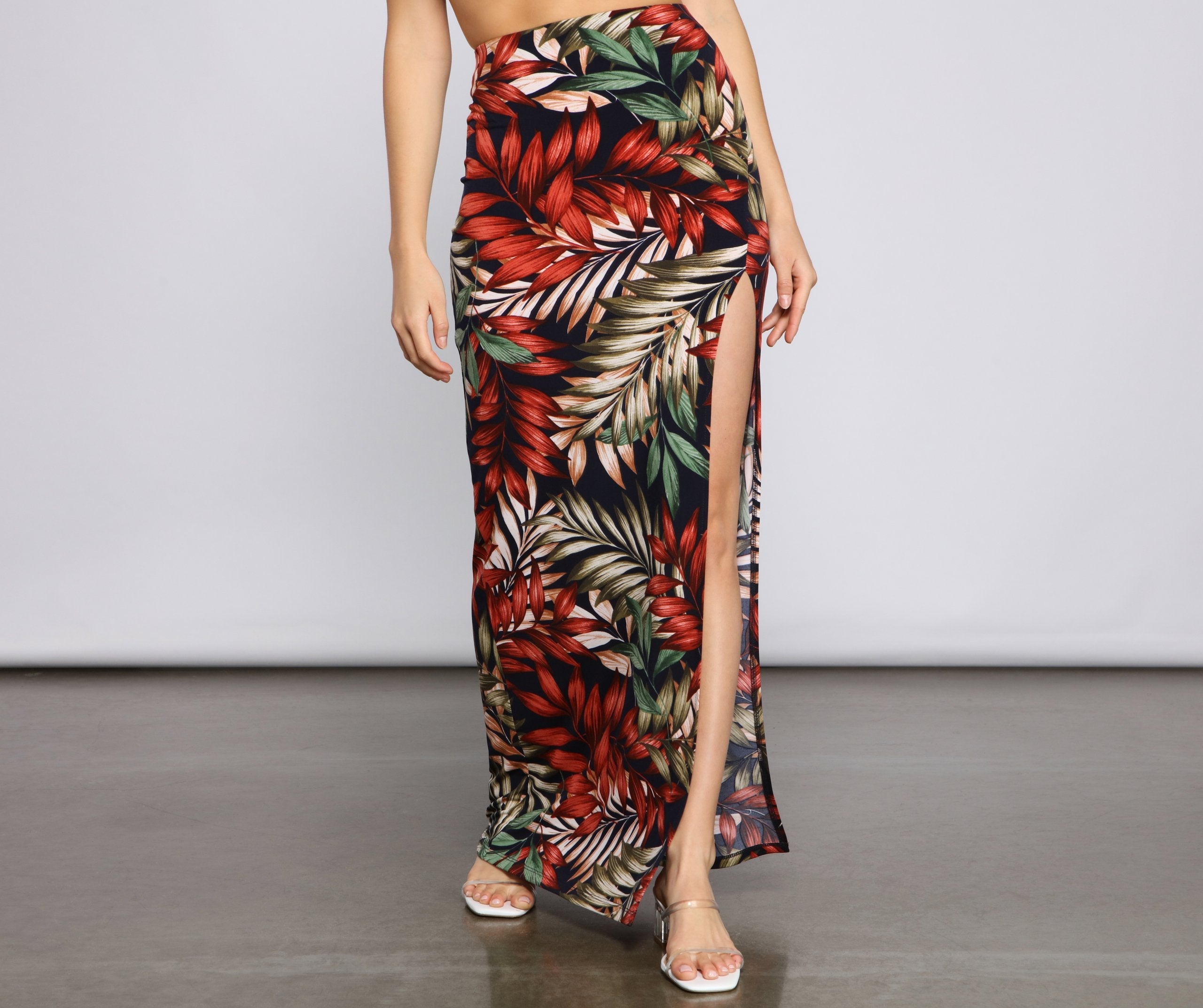 Tropical Palm Leaf High Slit Maxi Skirt - Lady Occasions