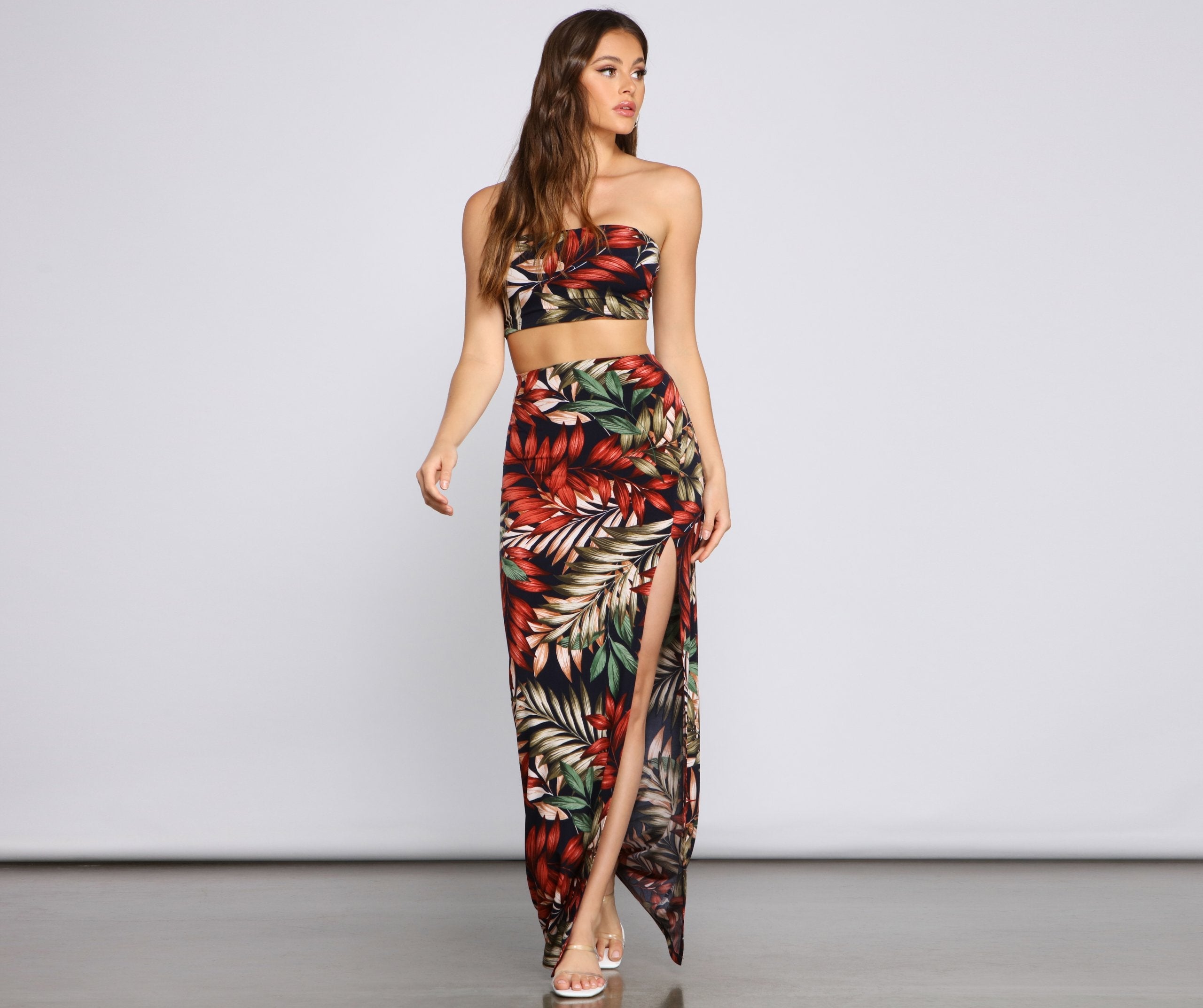 Tropical Palm Leaf High Slit Maxi Skirt - Lady Occasions