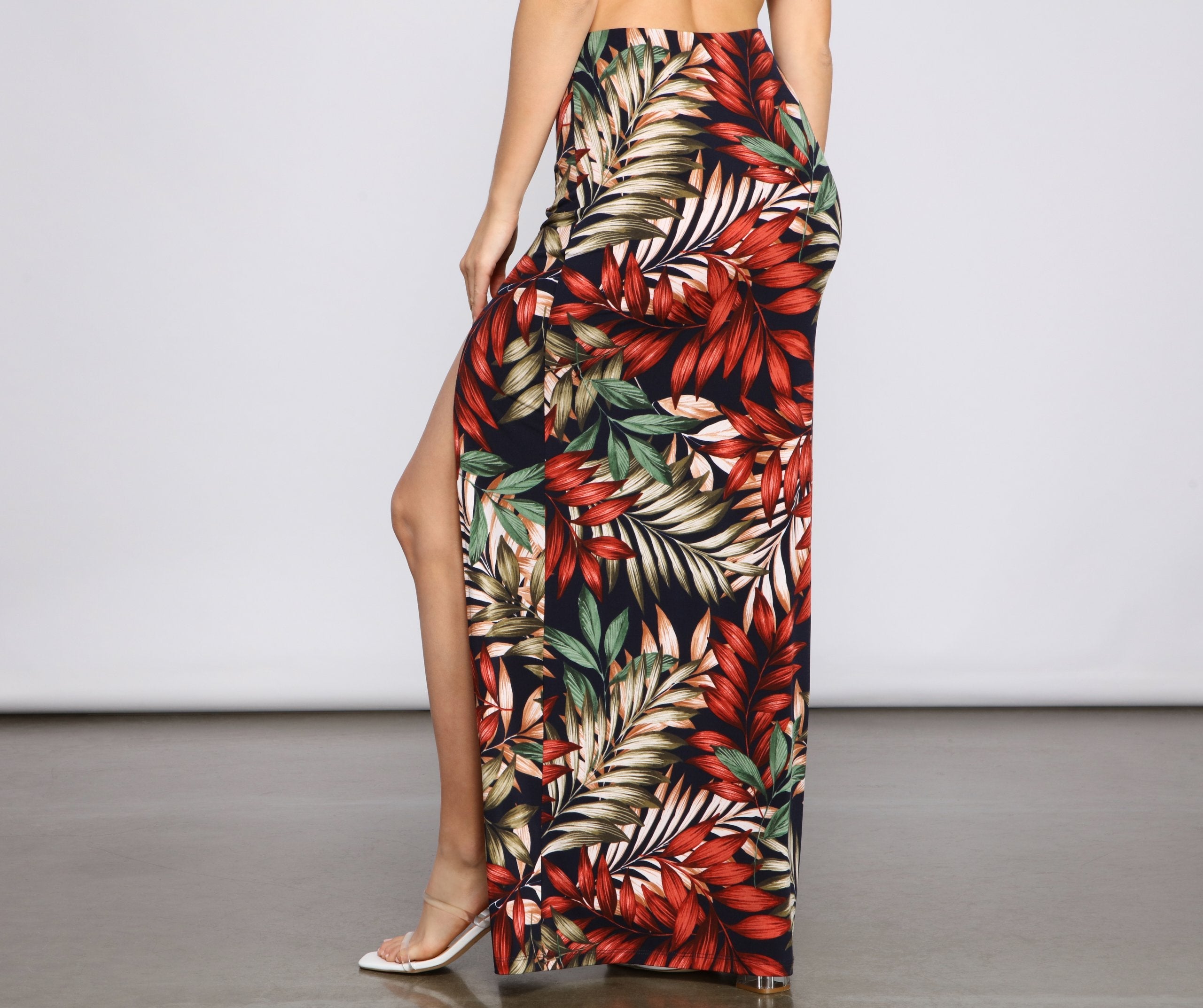 Tropical Palm Leaf High Slit Maxi Skirt - Lady Occasions