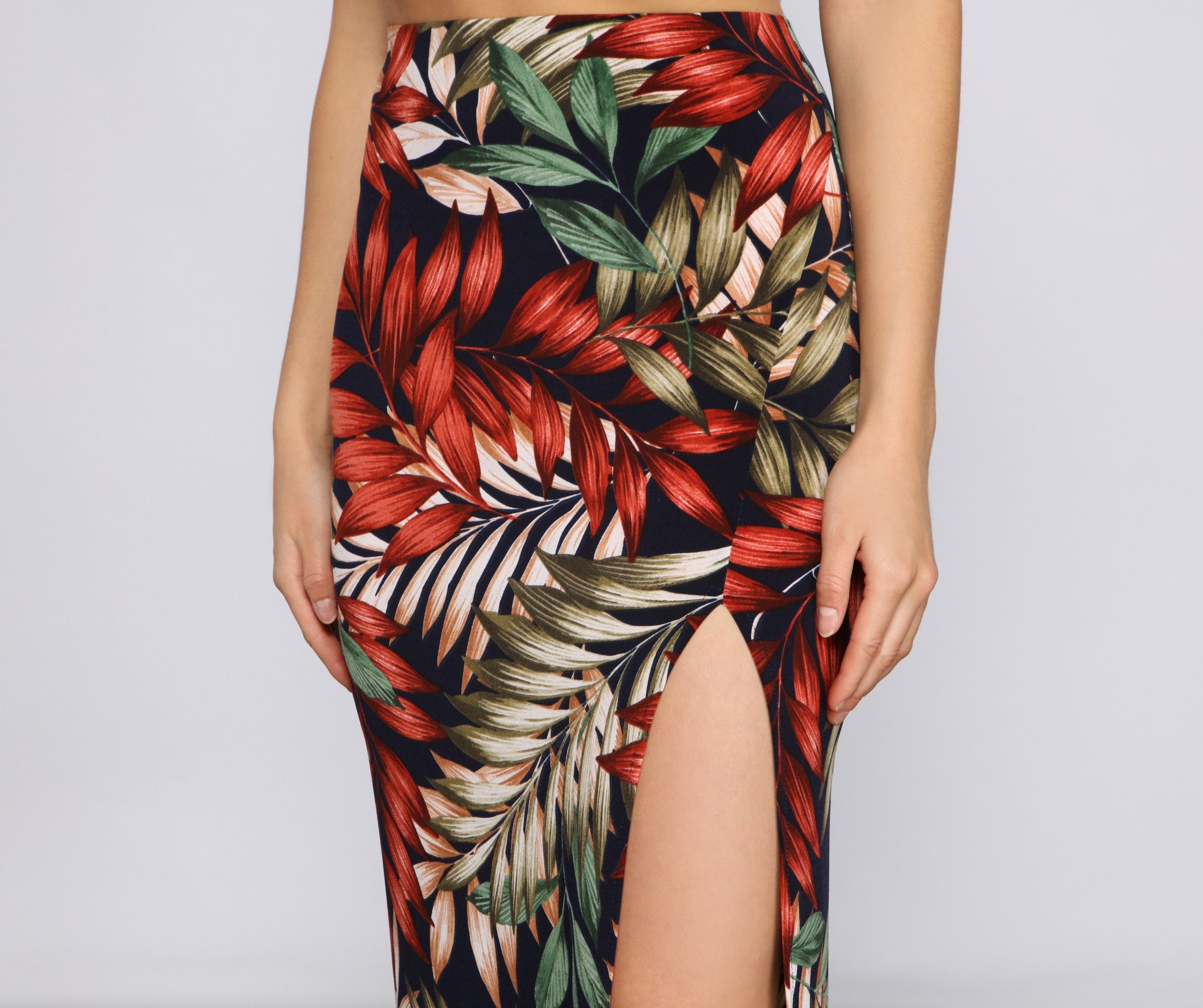 Tropical Palm Leaf High Slit Maxi Skirt - Lady Occasions