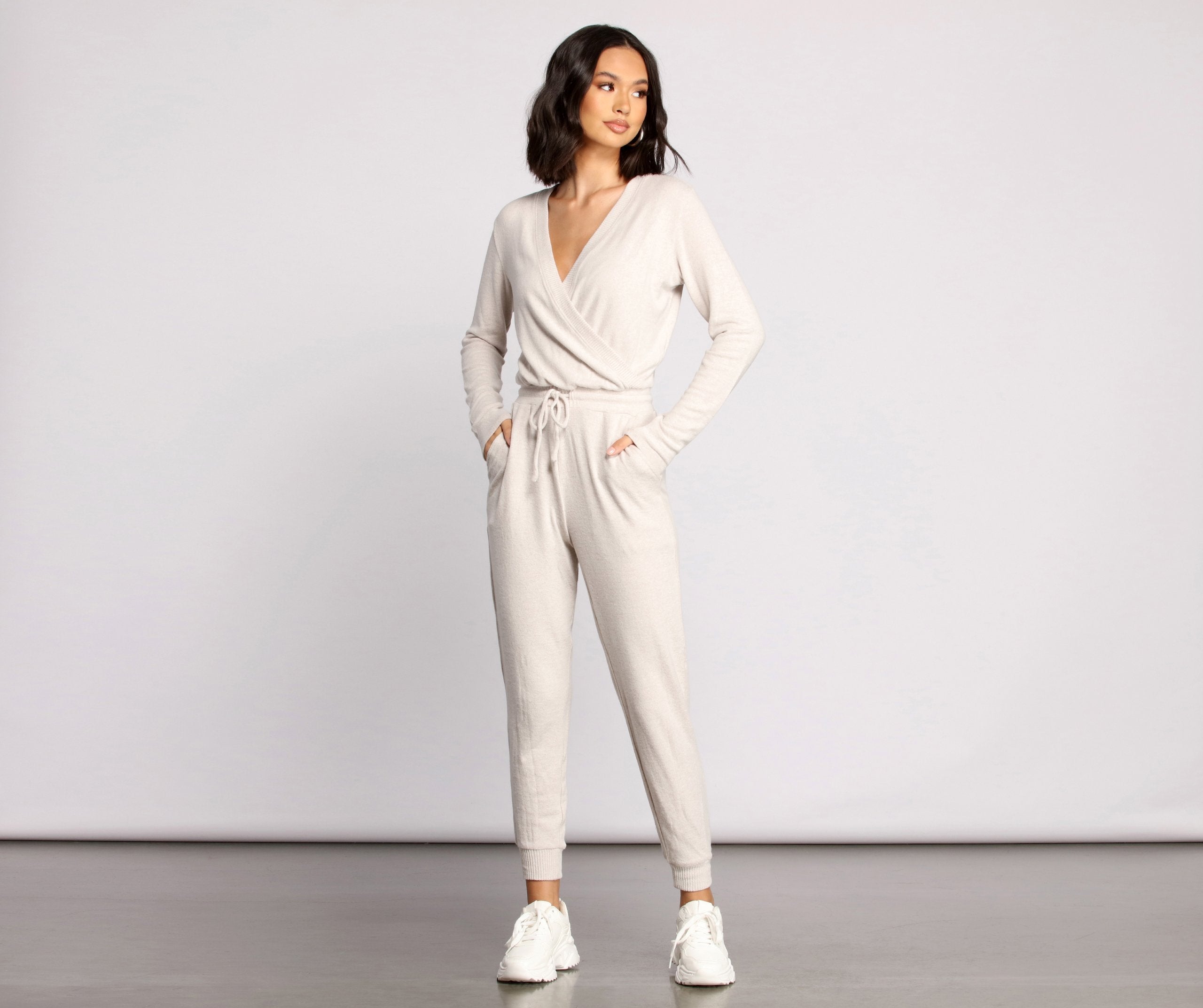 Feeling Casual Ribbed Surplice Jumpsuit - Lady Occasions