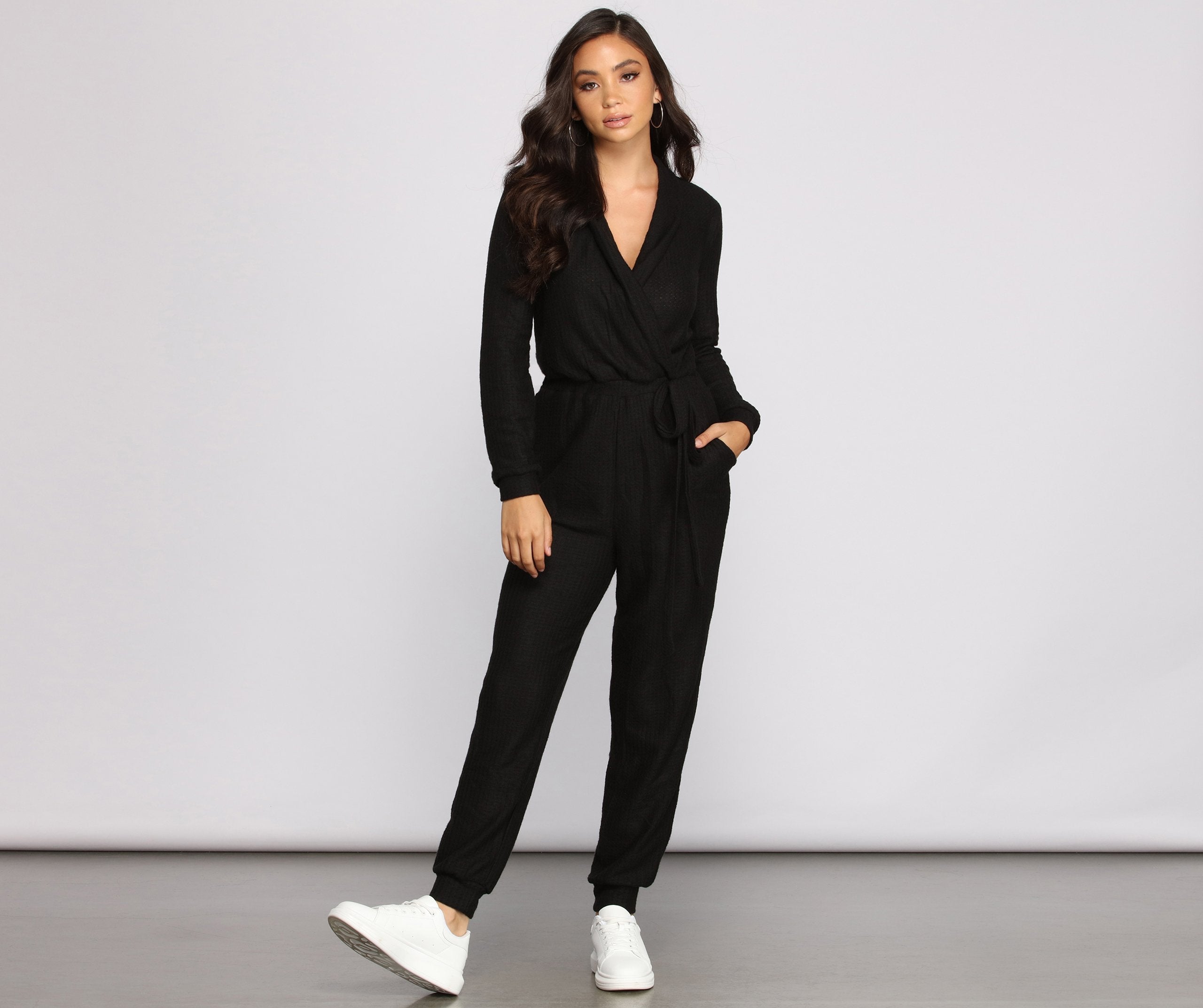 Cozy and Chic Ribbed Surplice Jogger Jumpsuit - Lady Occasions