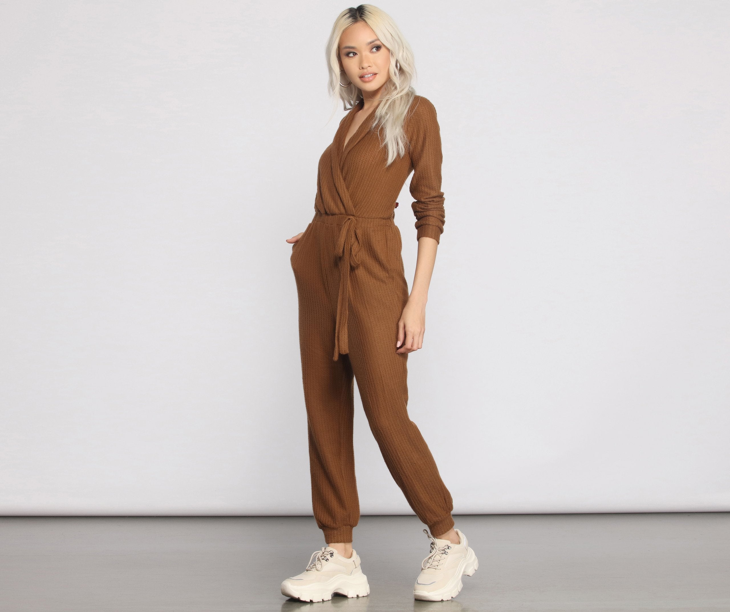 Cozy and Chic Ribbed Surplice Jogger Jumpsuit - Lady Occasions
