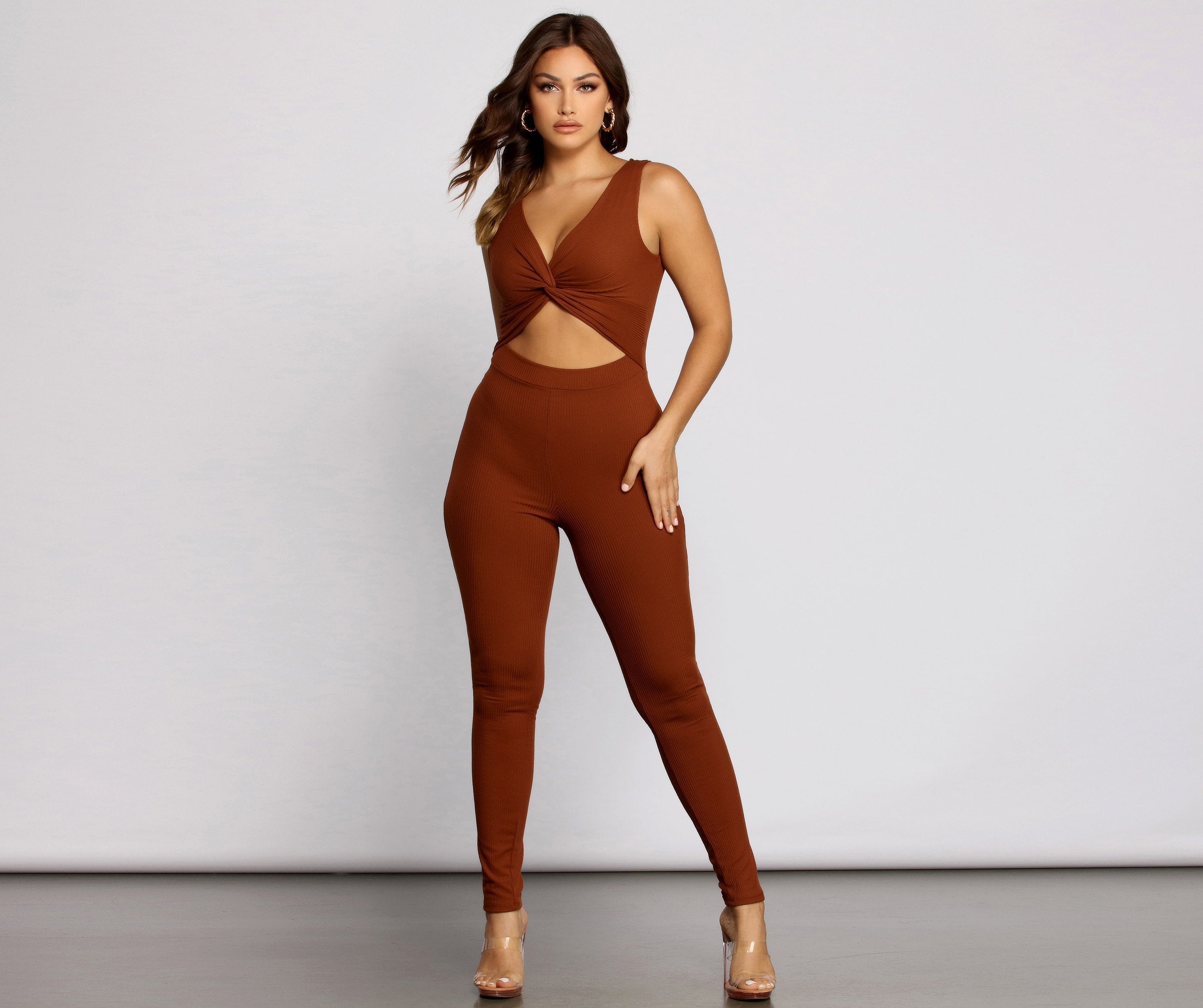 Trendy Twist Ribbed Knit Catsuit - Lady Occasions