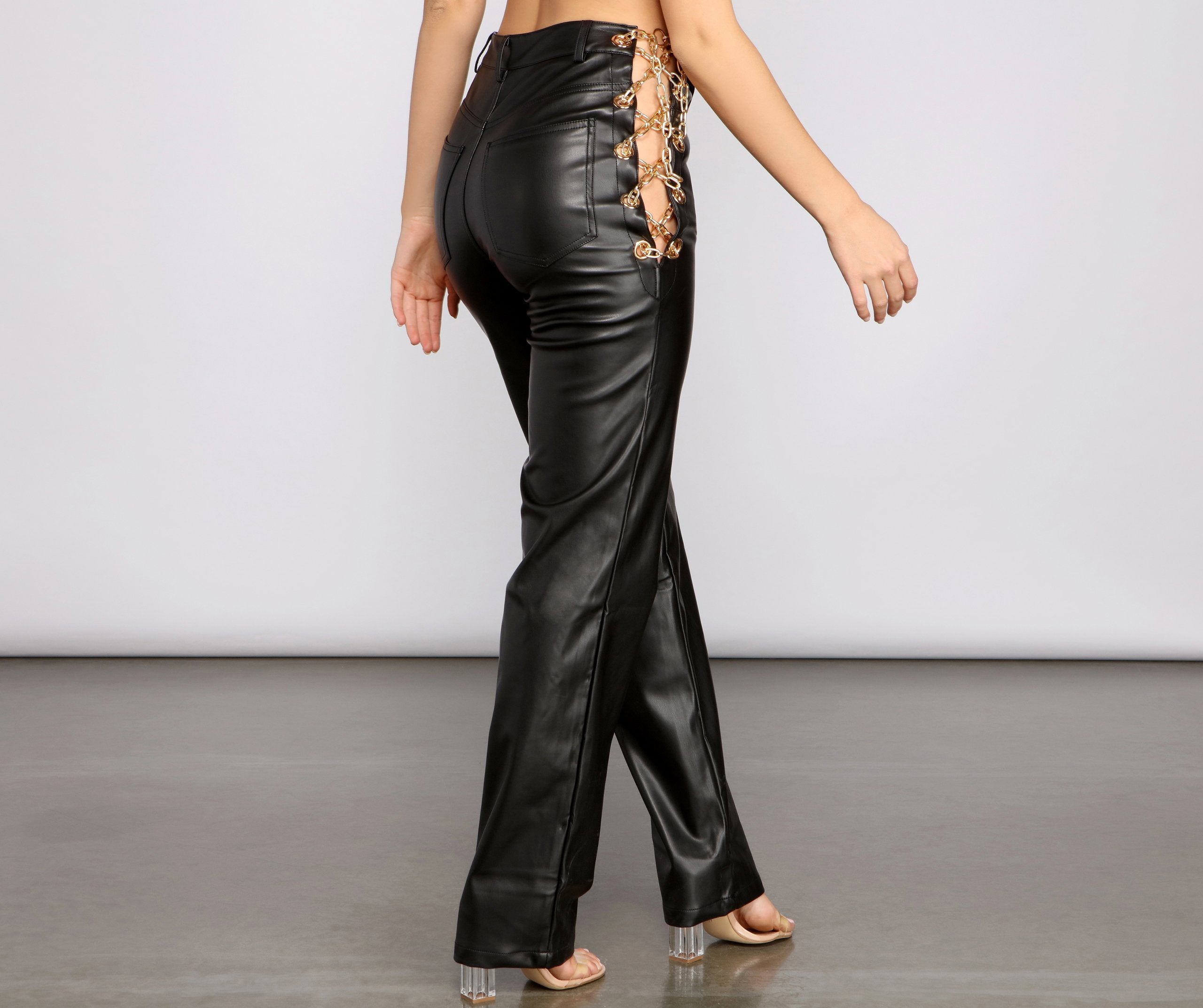 Chain Chic High Waist Faux Leather Pants - Lady Occasions