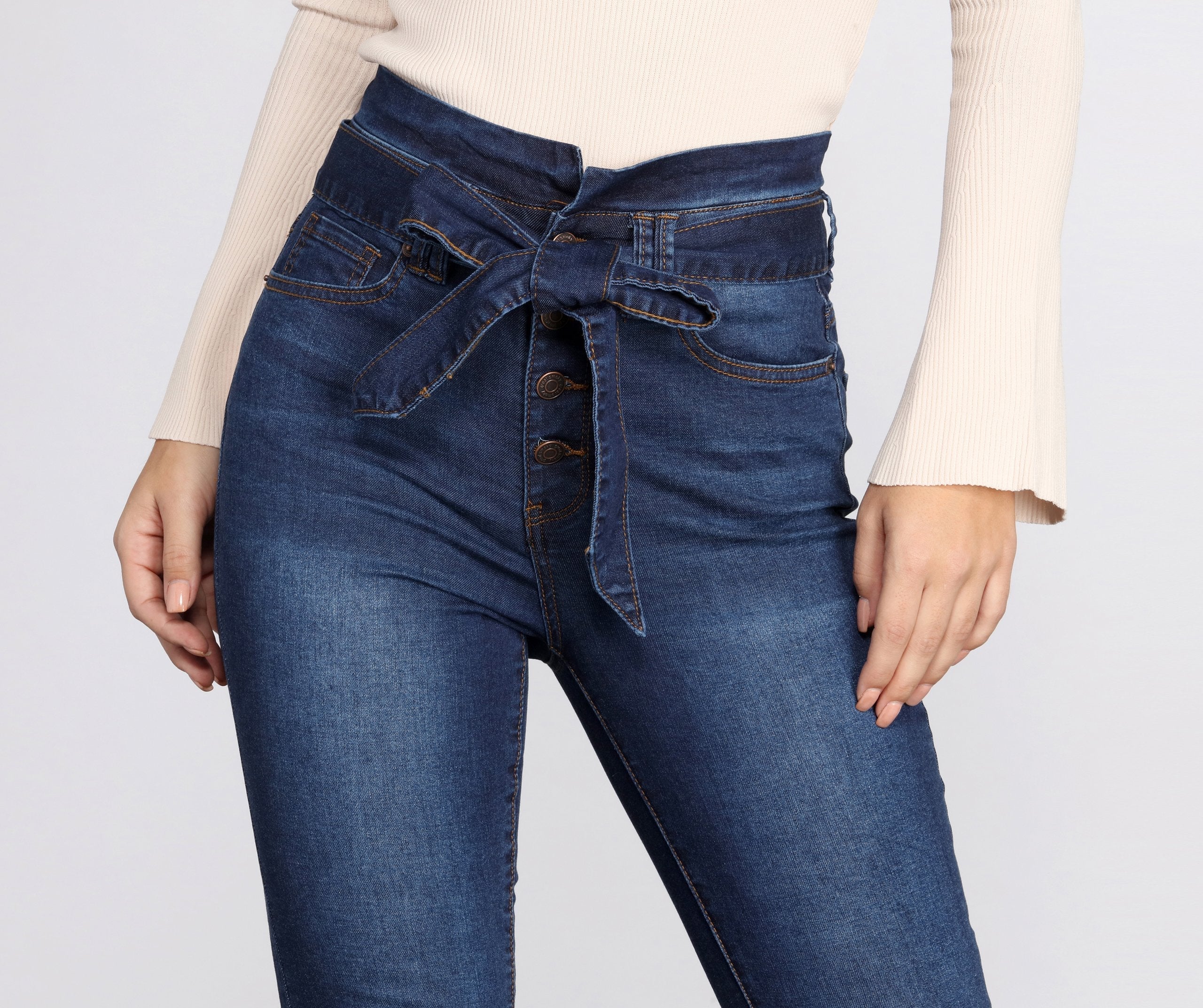 High Rise Paper Bag Skinny Jeans - Lady Occasions