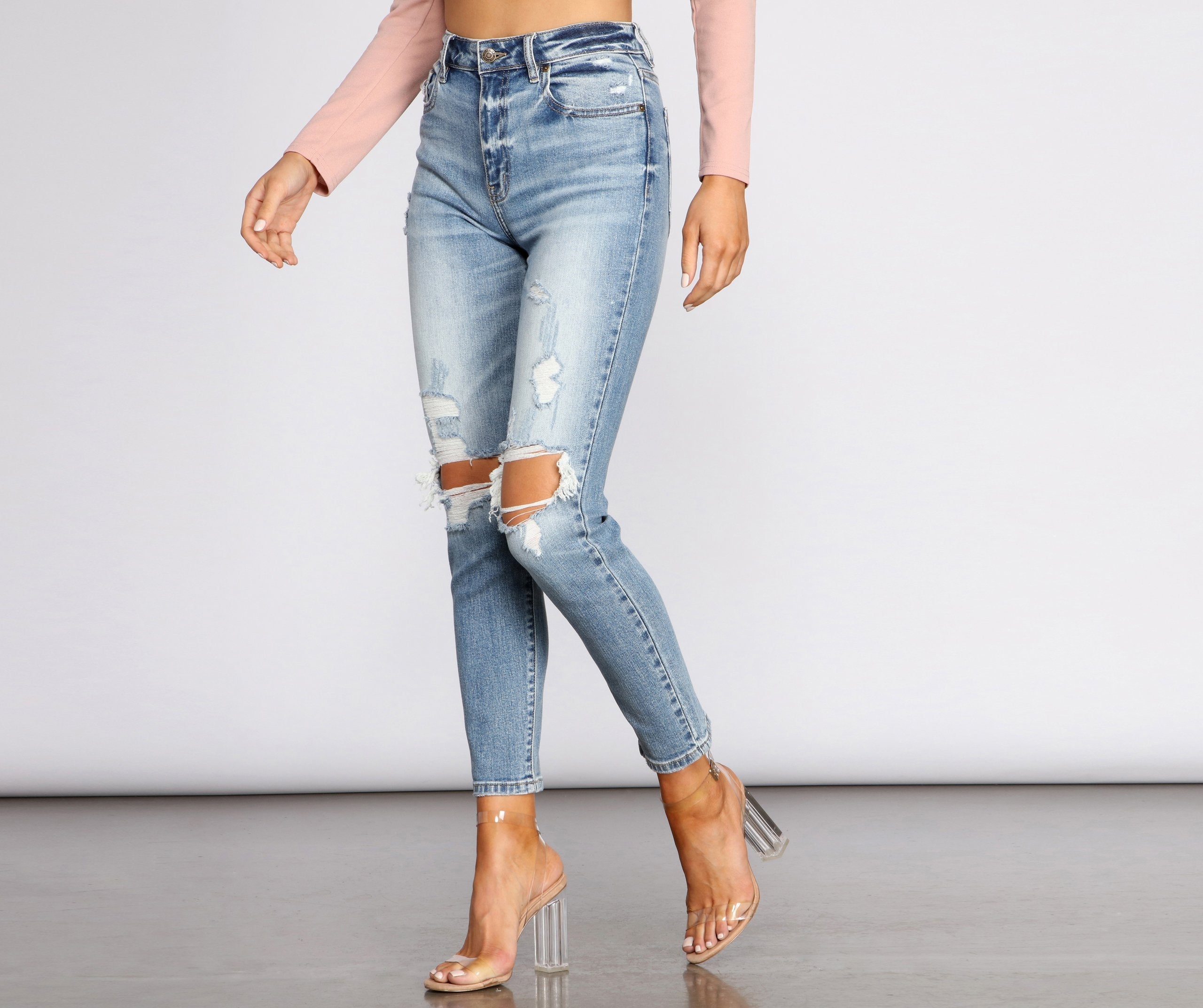 Tobi Super High Waist Destructed Mom Jeans - Lady Occasions